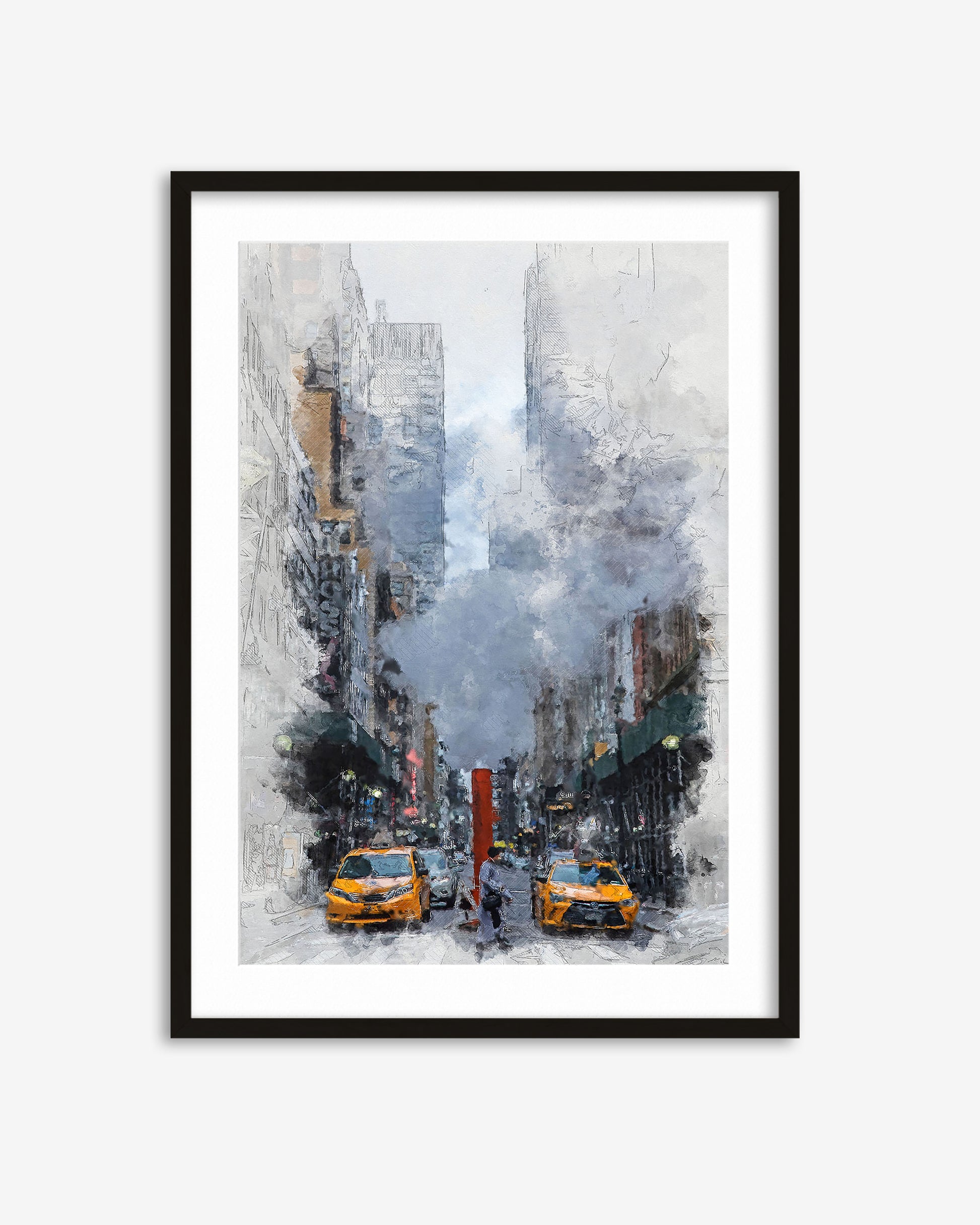 Framed artwork of a city street scene with tall buildings and taxis, on a white background.