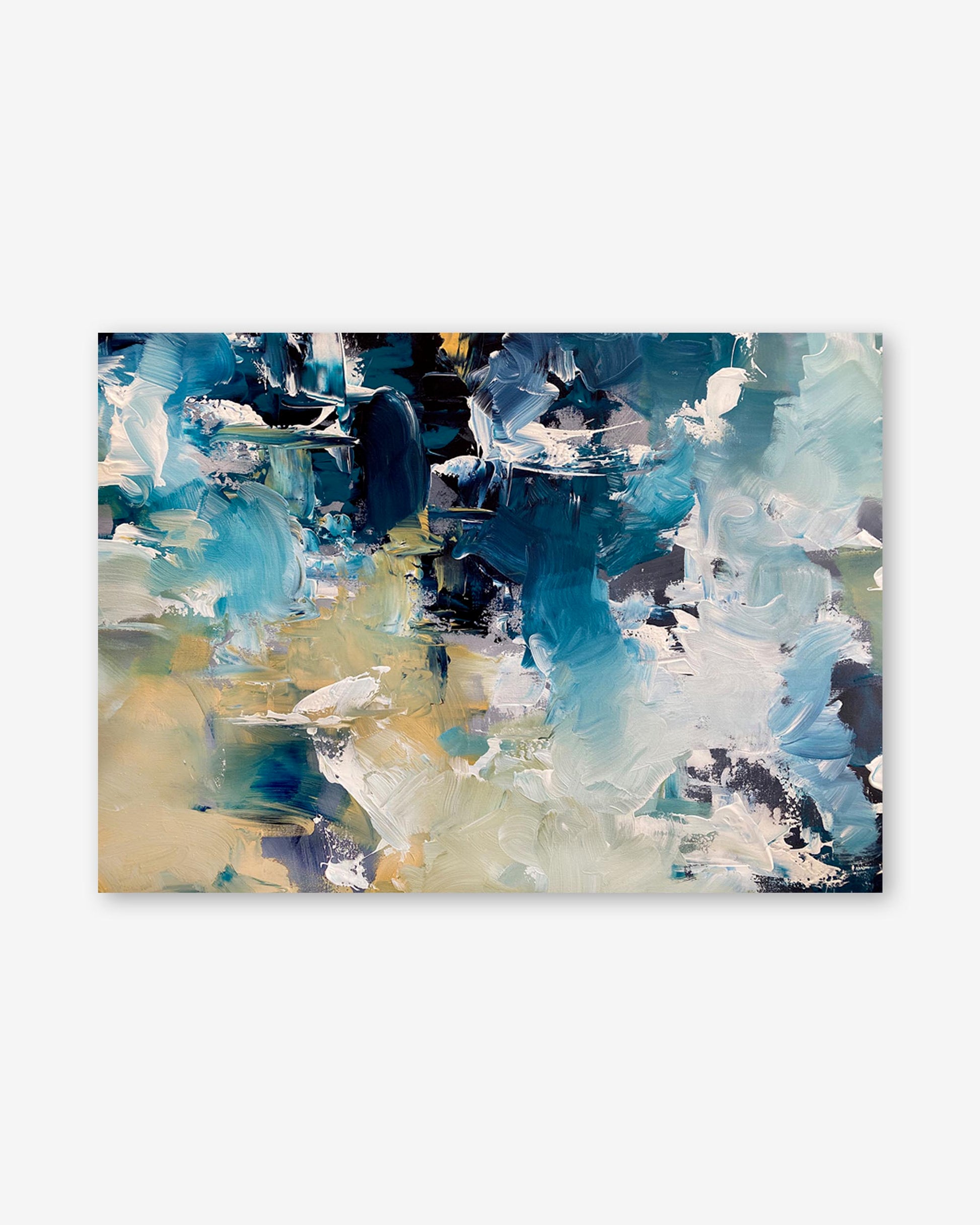 Abstract art print with blue, white, and beige colors on a white background