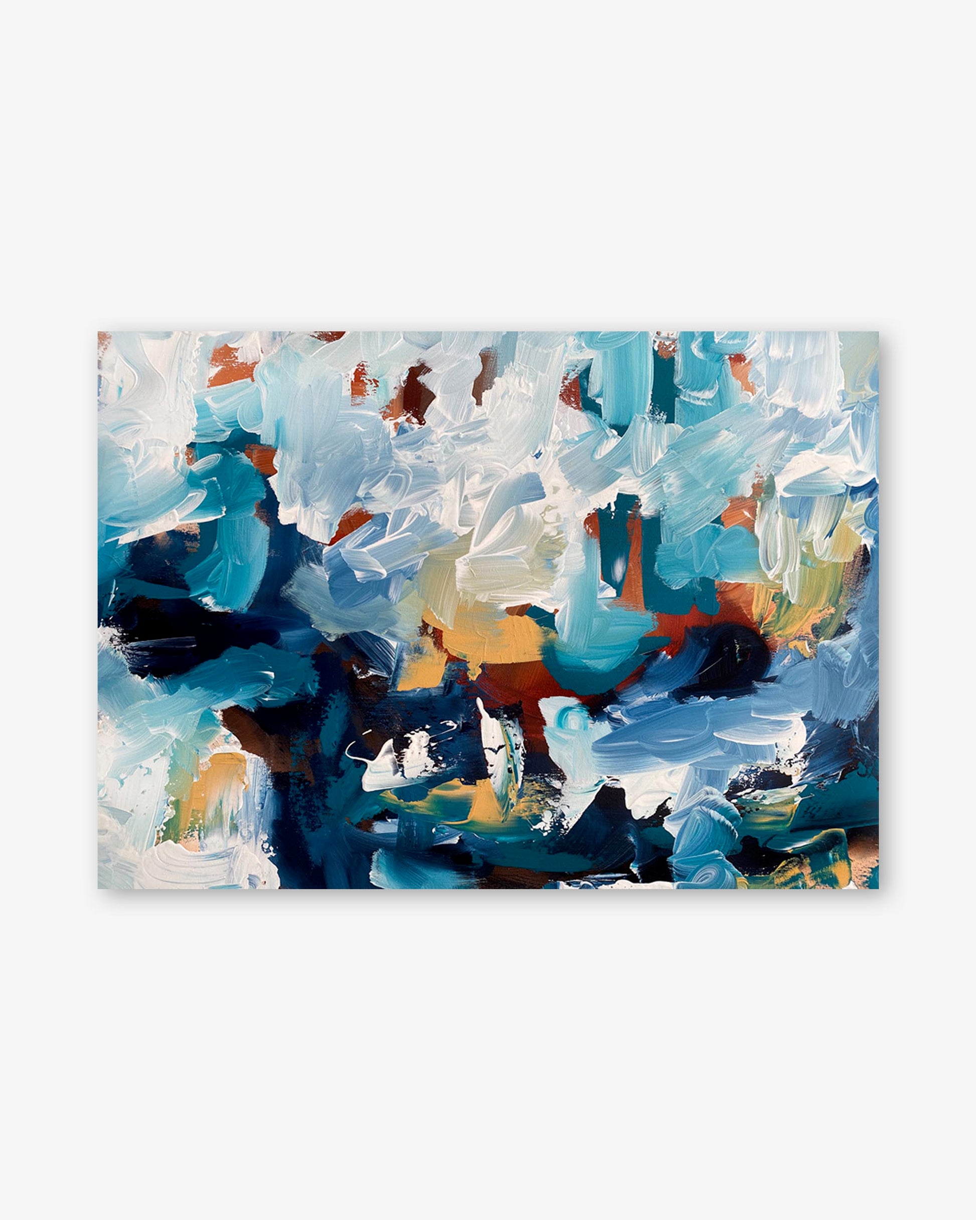 Abstract painting with blue, orange, and white colors on a white background