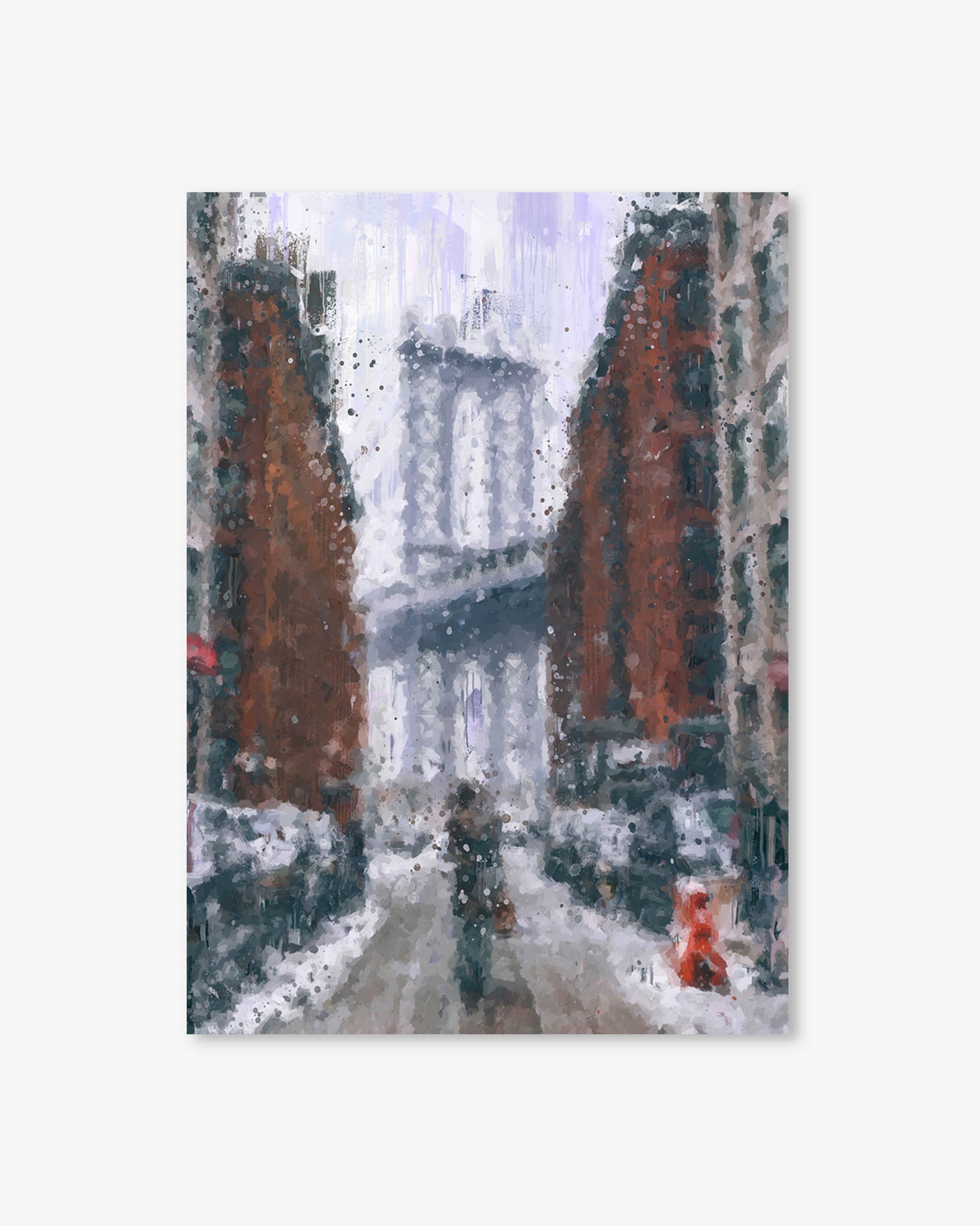 City street scene with snowfall, buildings, and a person walking.