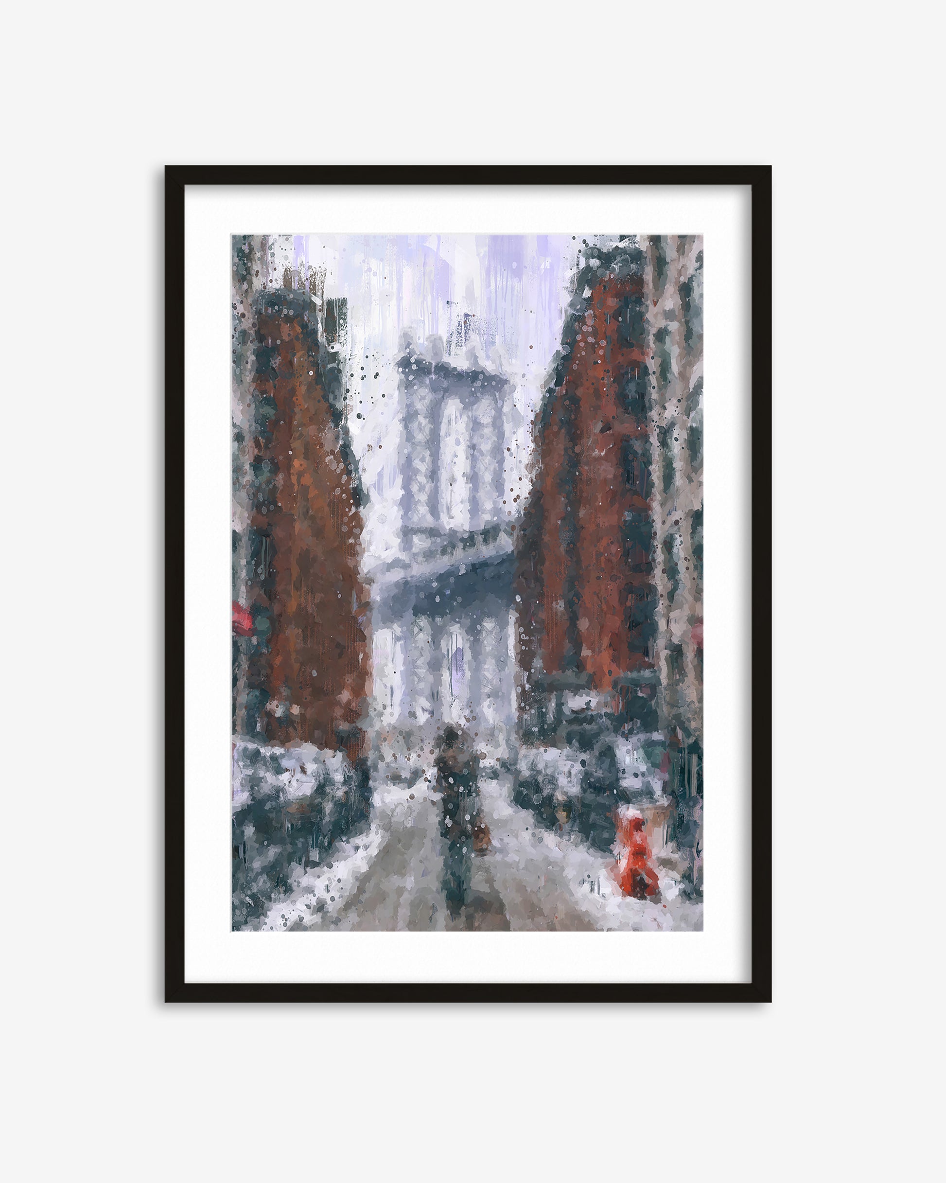 Framed artwork of a snowy city street scene with people walking.