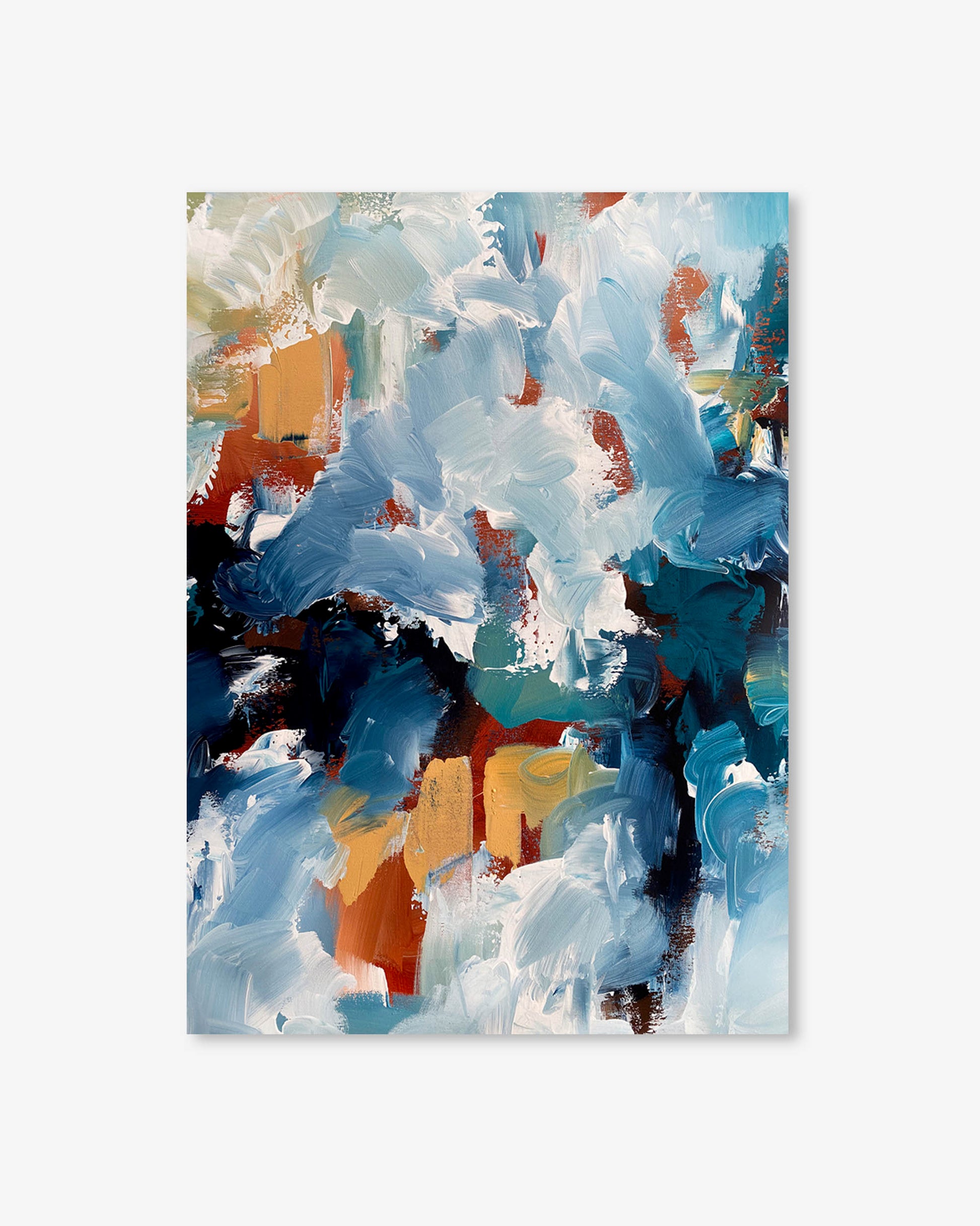 Abstract painting with a mix of blue, orange, and black on a white background