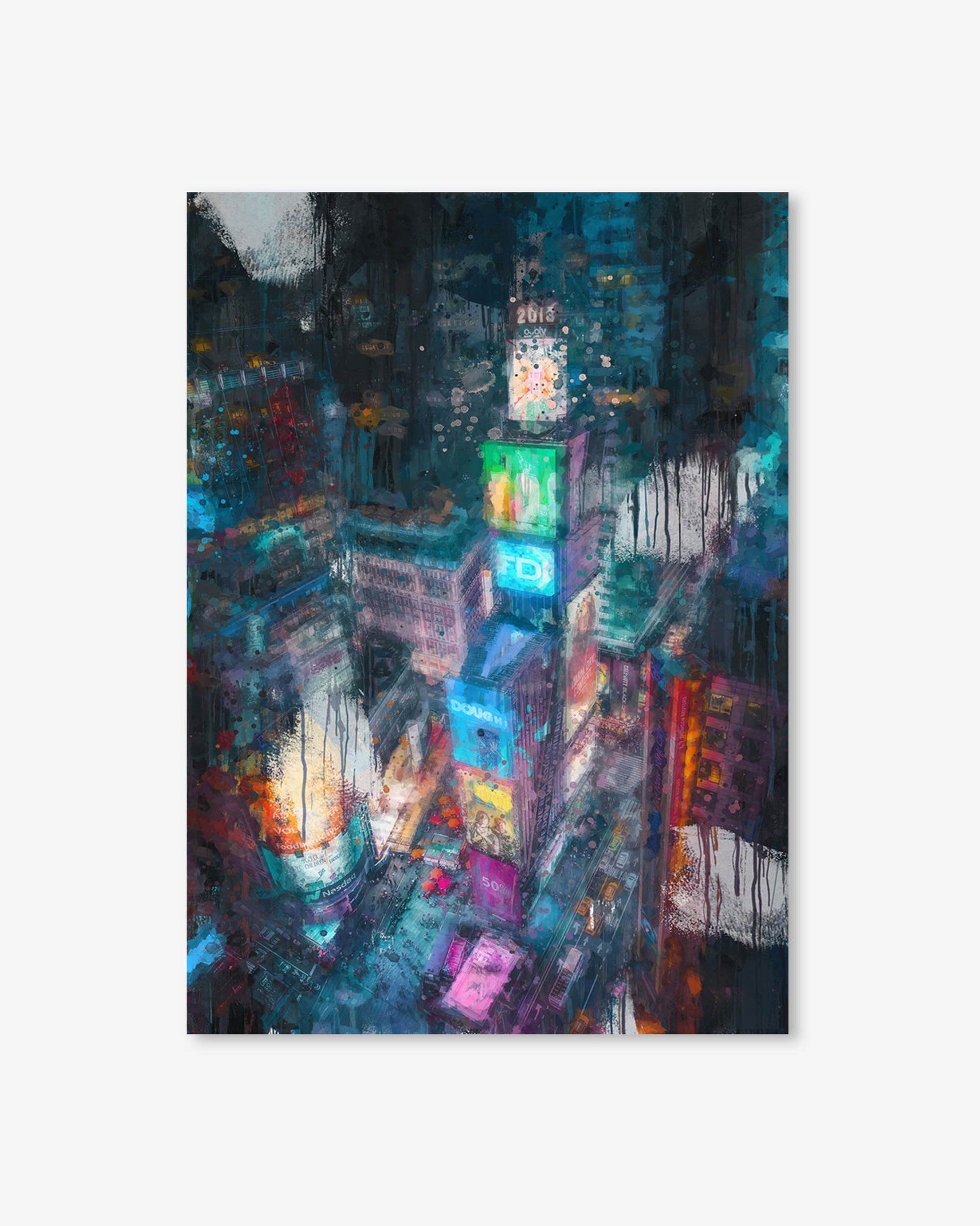 Colorful cityscape painting with neon lights on a white background