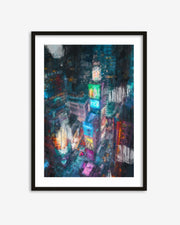 Framed artwork of a cityscape with neon lights on a white background