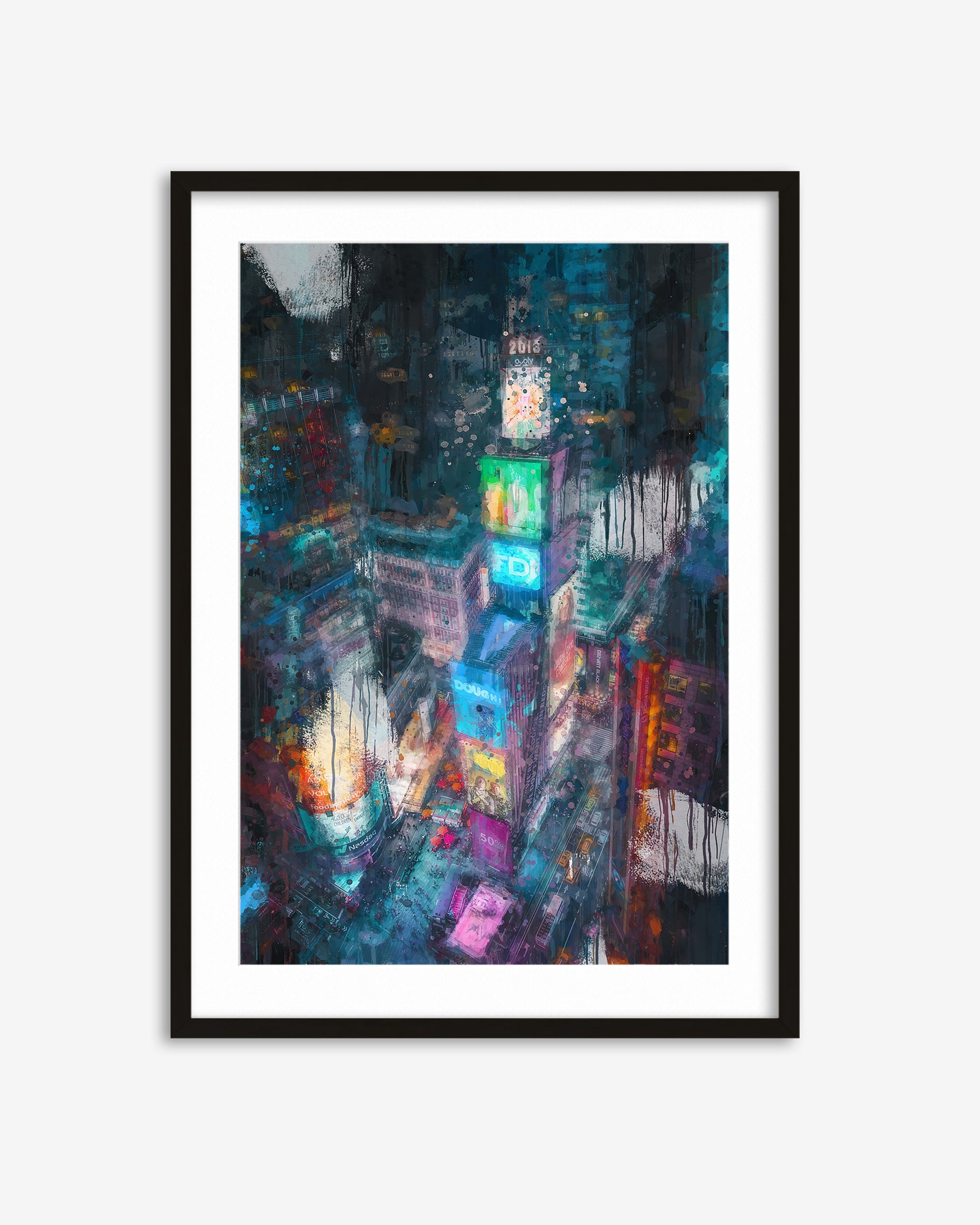 Framed artwork of a cityscape with neon lights on a white background