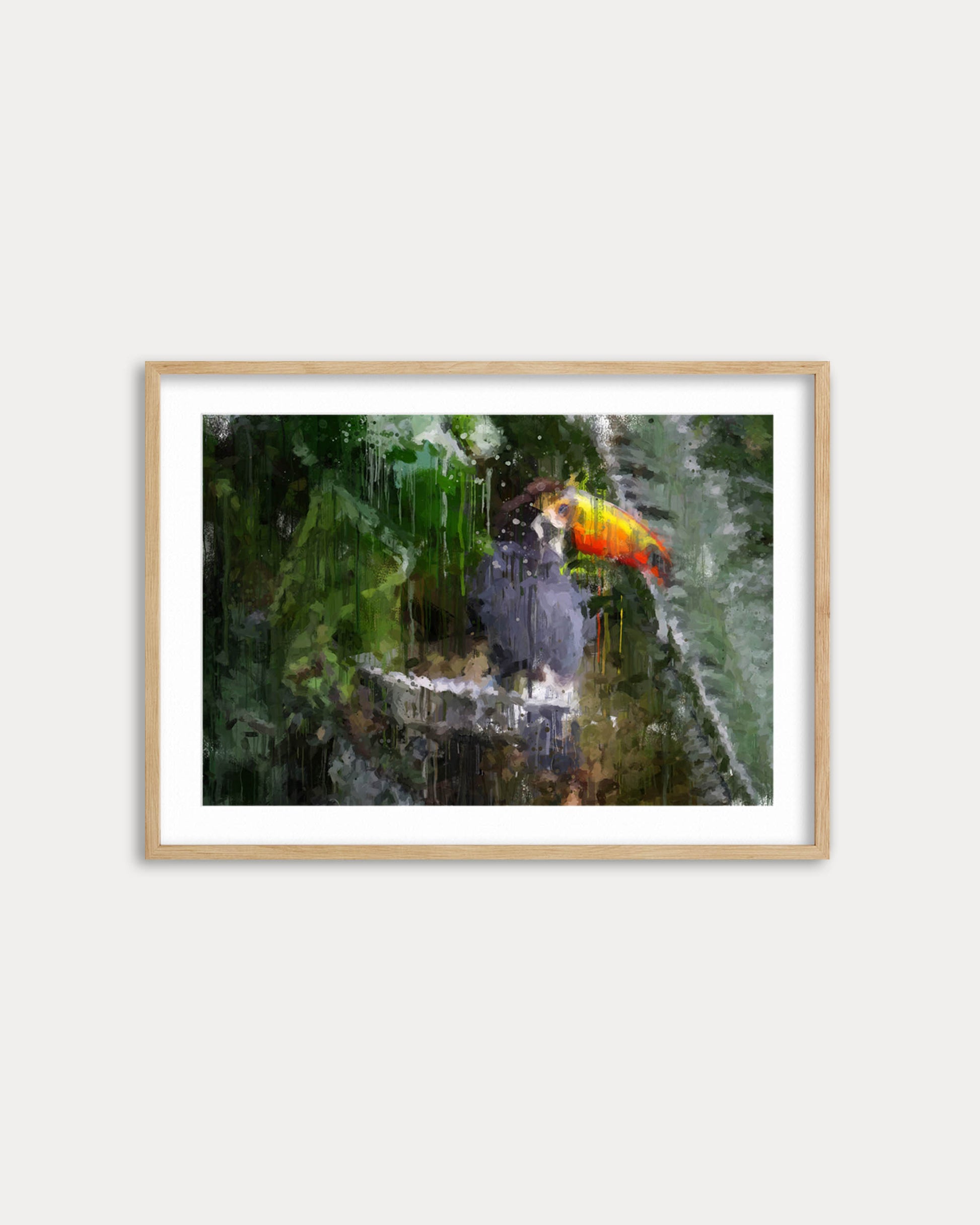 Framed photograph of a colorful parrot perched on a branch with a natural background.