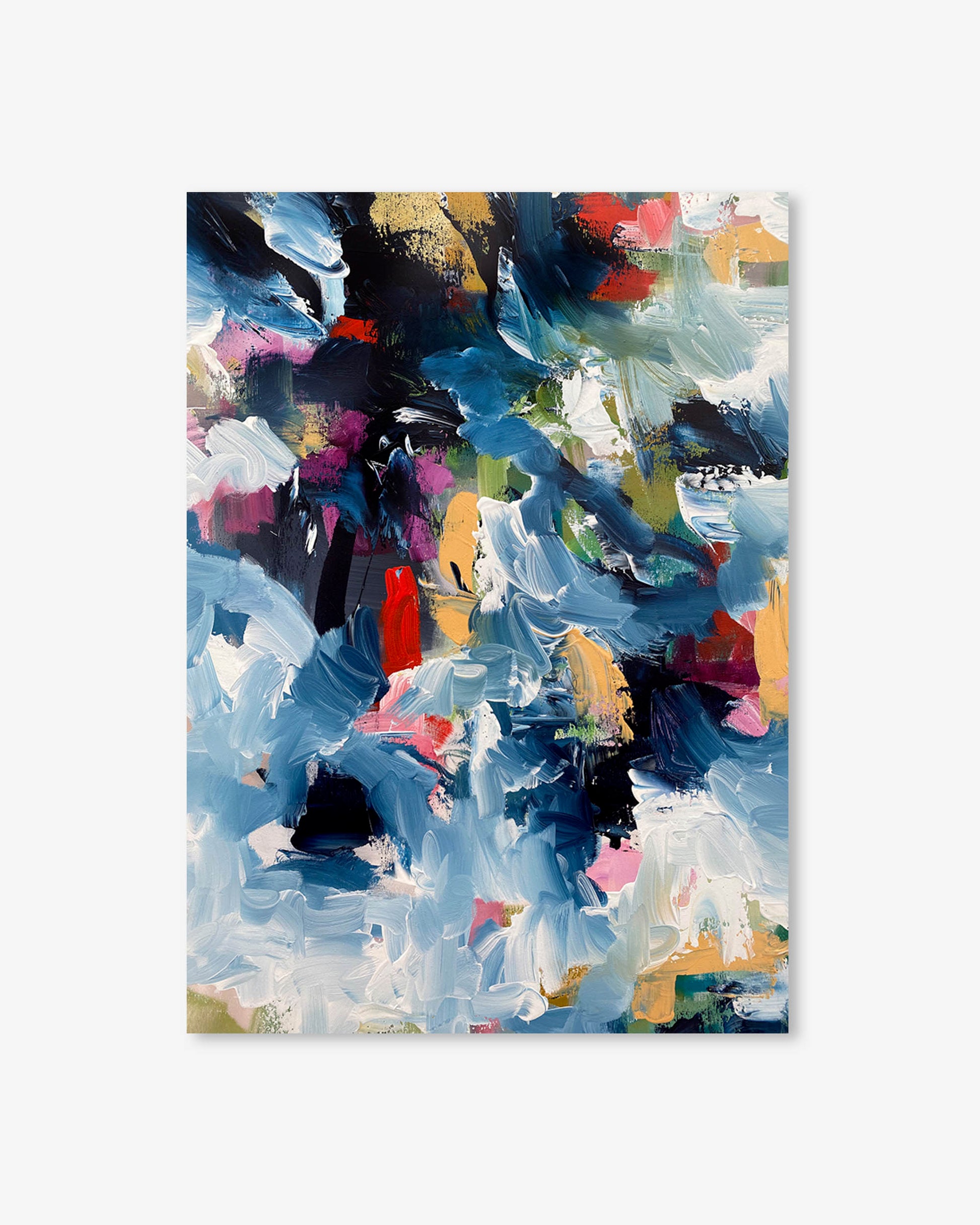 Abstract painting with splashes of blue, red, yellow, and white on a light gray background