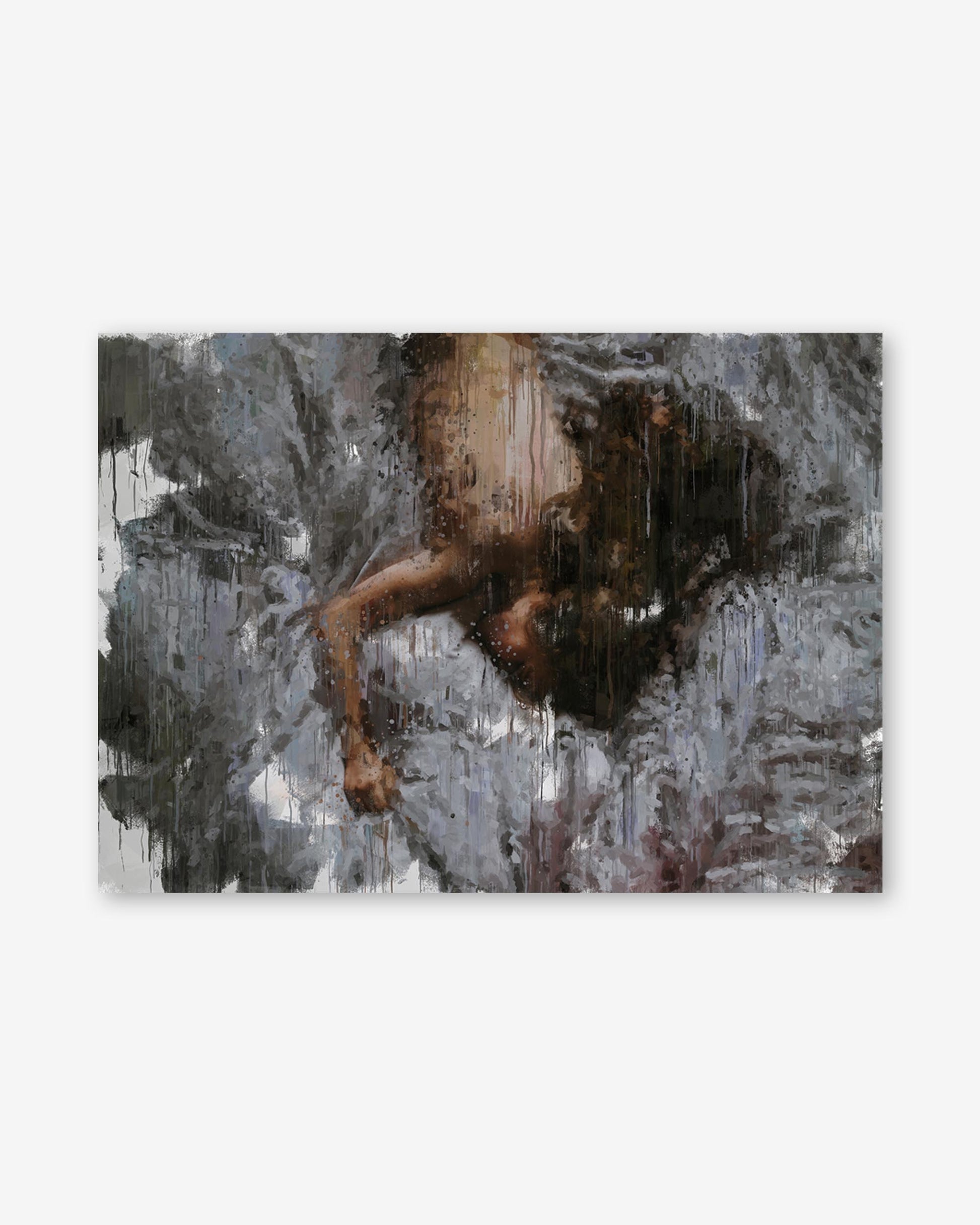 Abstract painting of a person climbing a rocky cliff