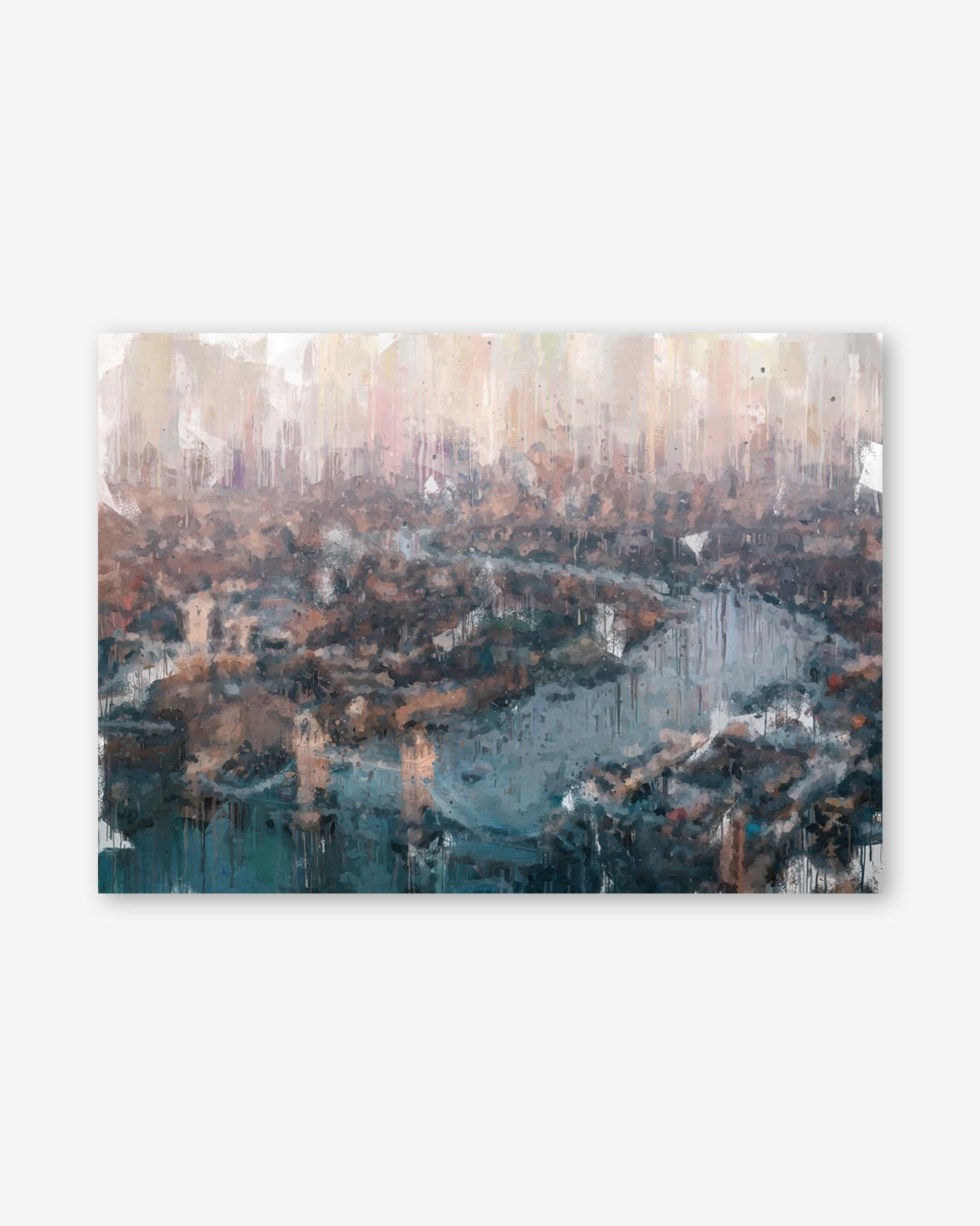 Cityscape with a river and tall buildings, abstract style