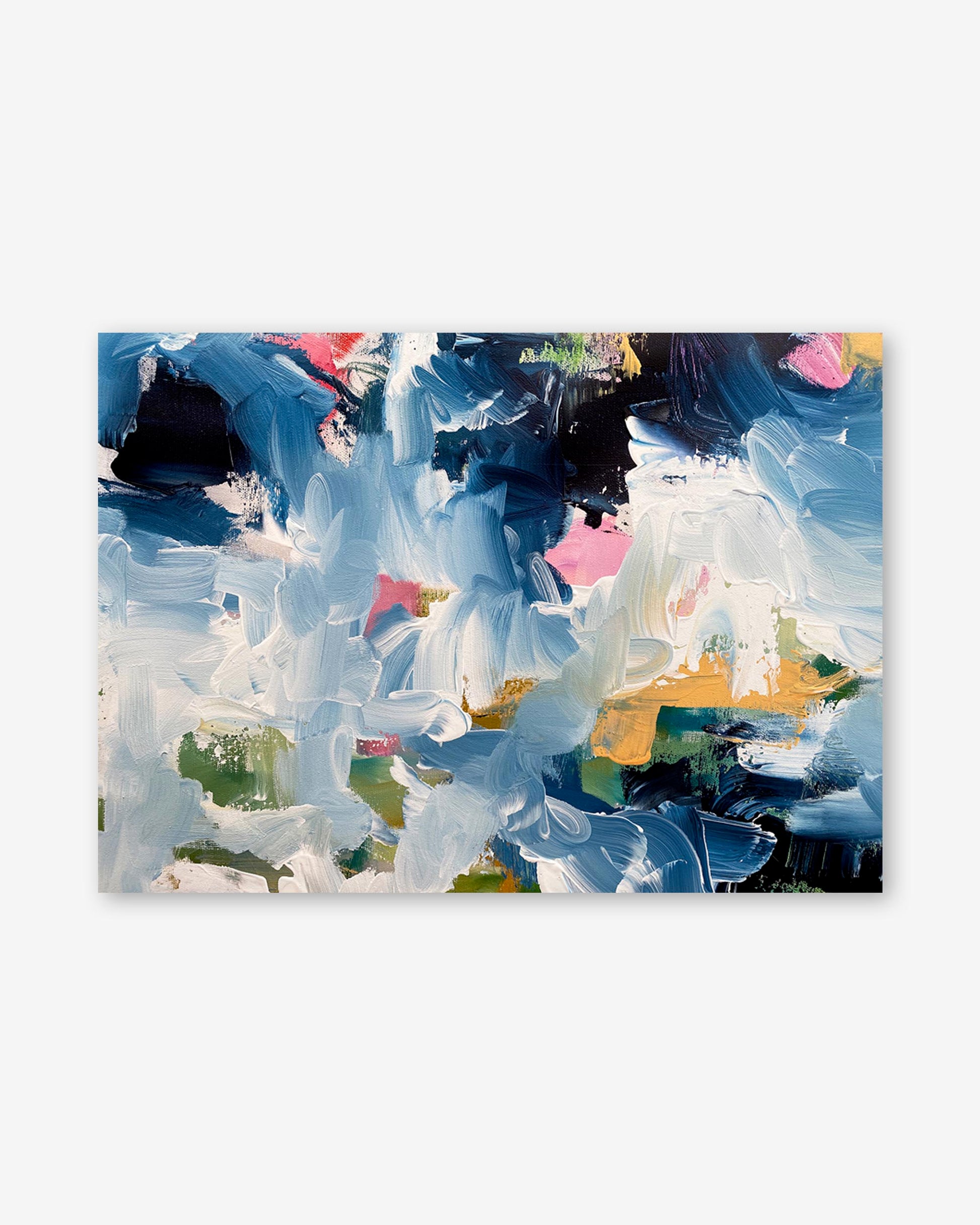 Abstract art print with splashes of blue, white, pink, and yellow on a white background