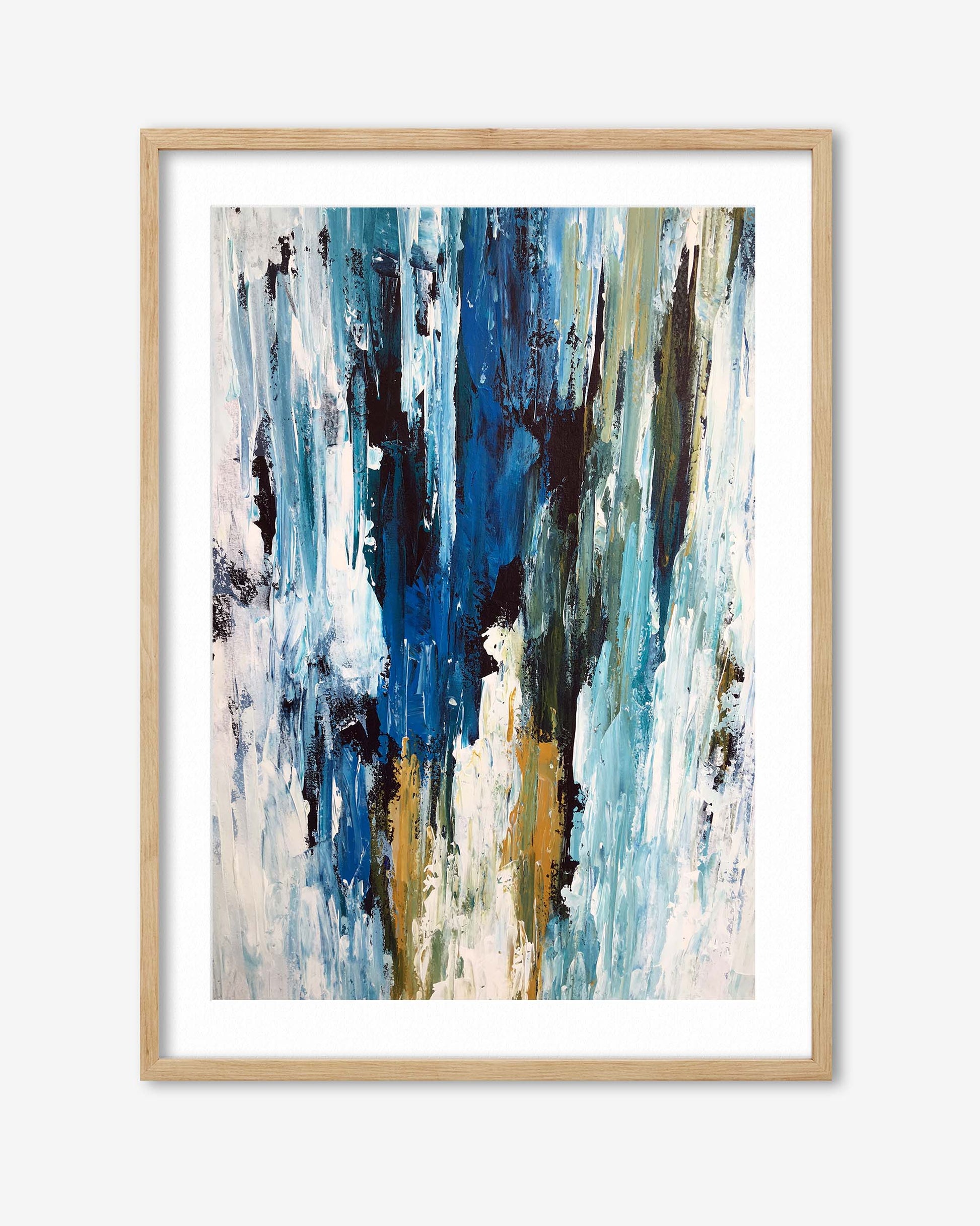 Framed abstract art print with blue, white, and gold colors on a white background