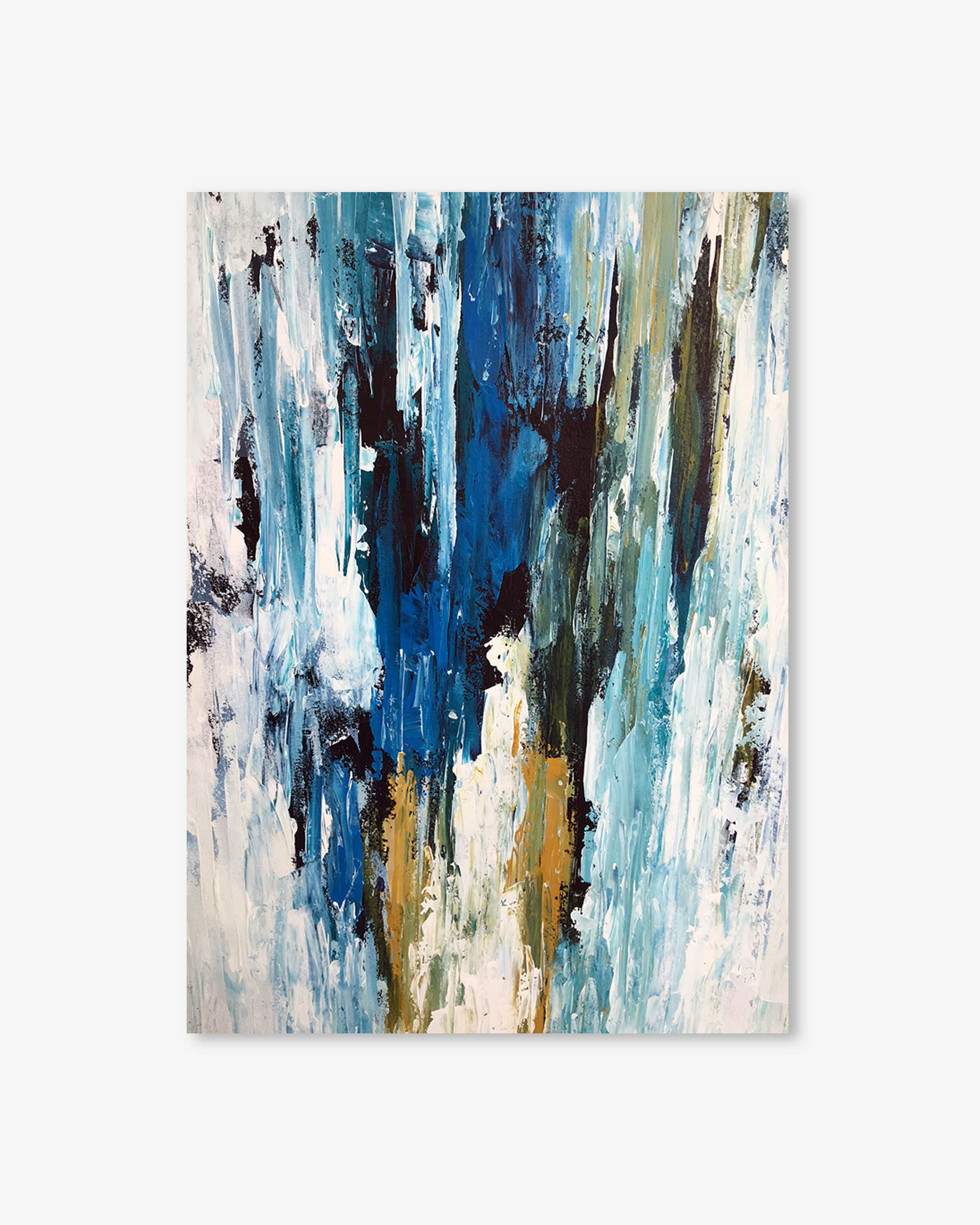 Abstract art print with blue, beige, and black colors on a white background