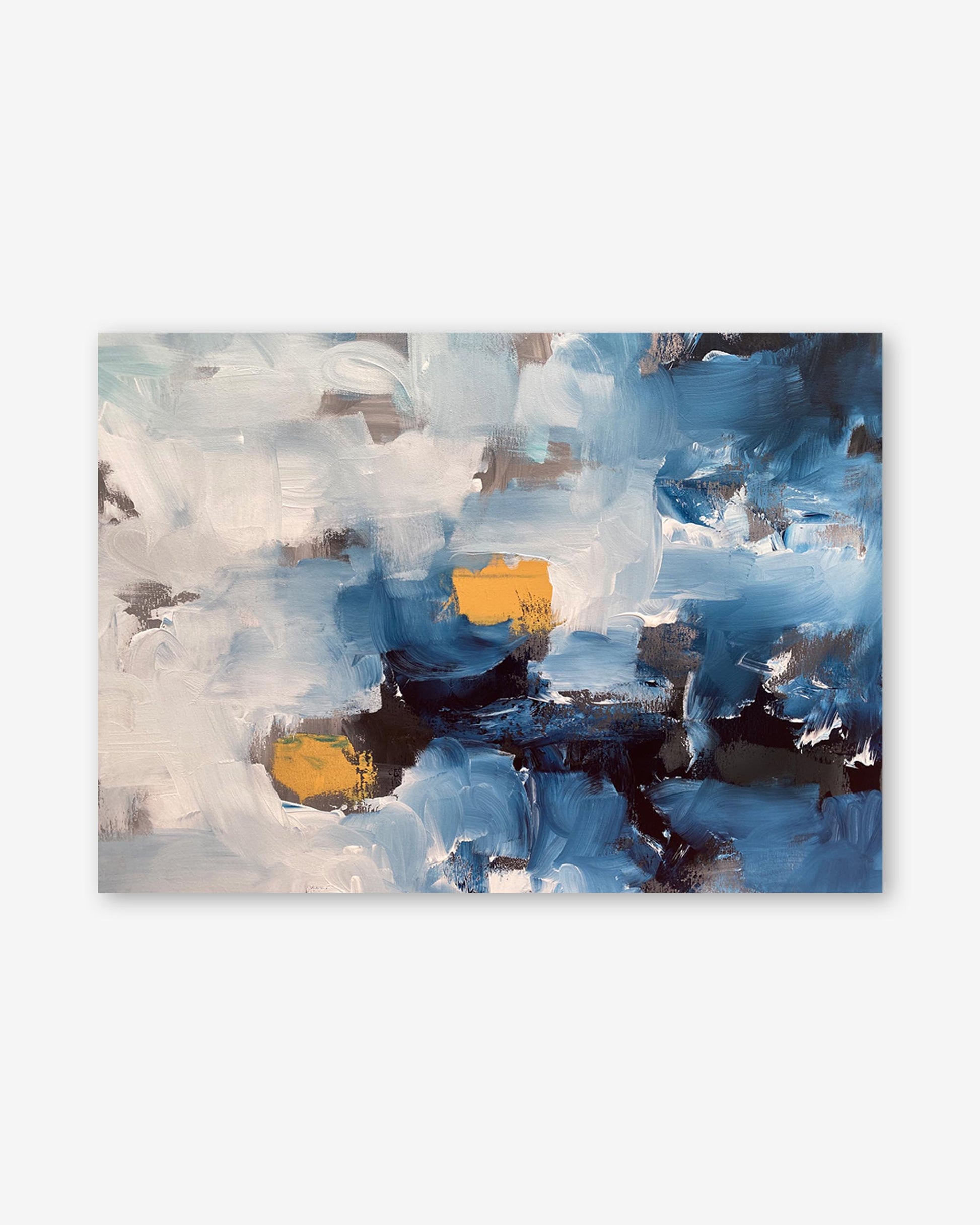 Abstract art piece with blue, yellow, and black colors on a white background
