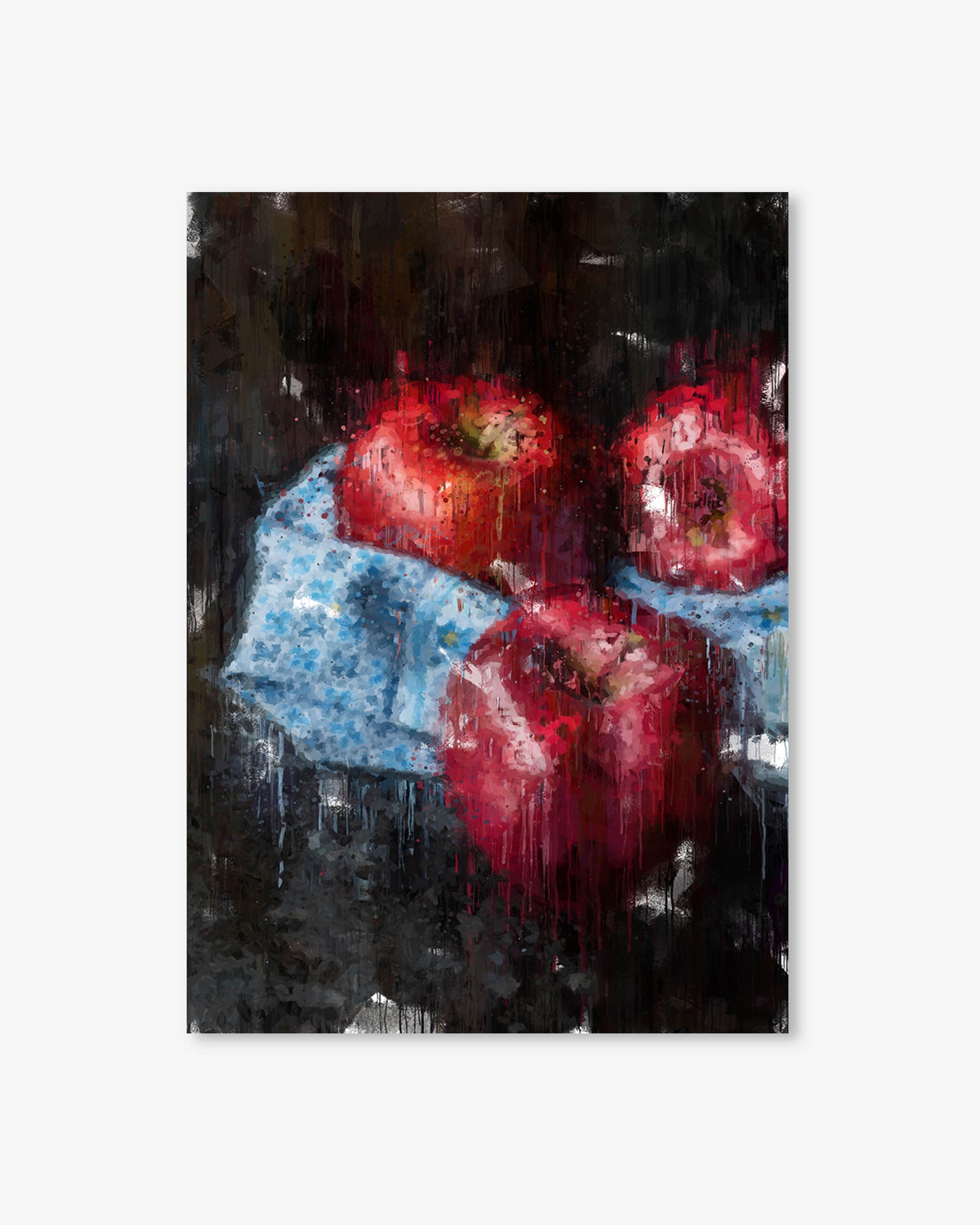 Acrylic painting of three red apples on a blue cloth against a dark background