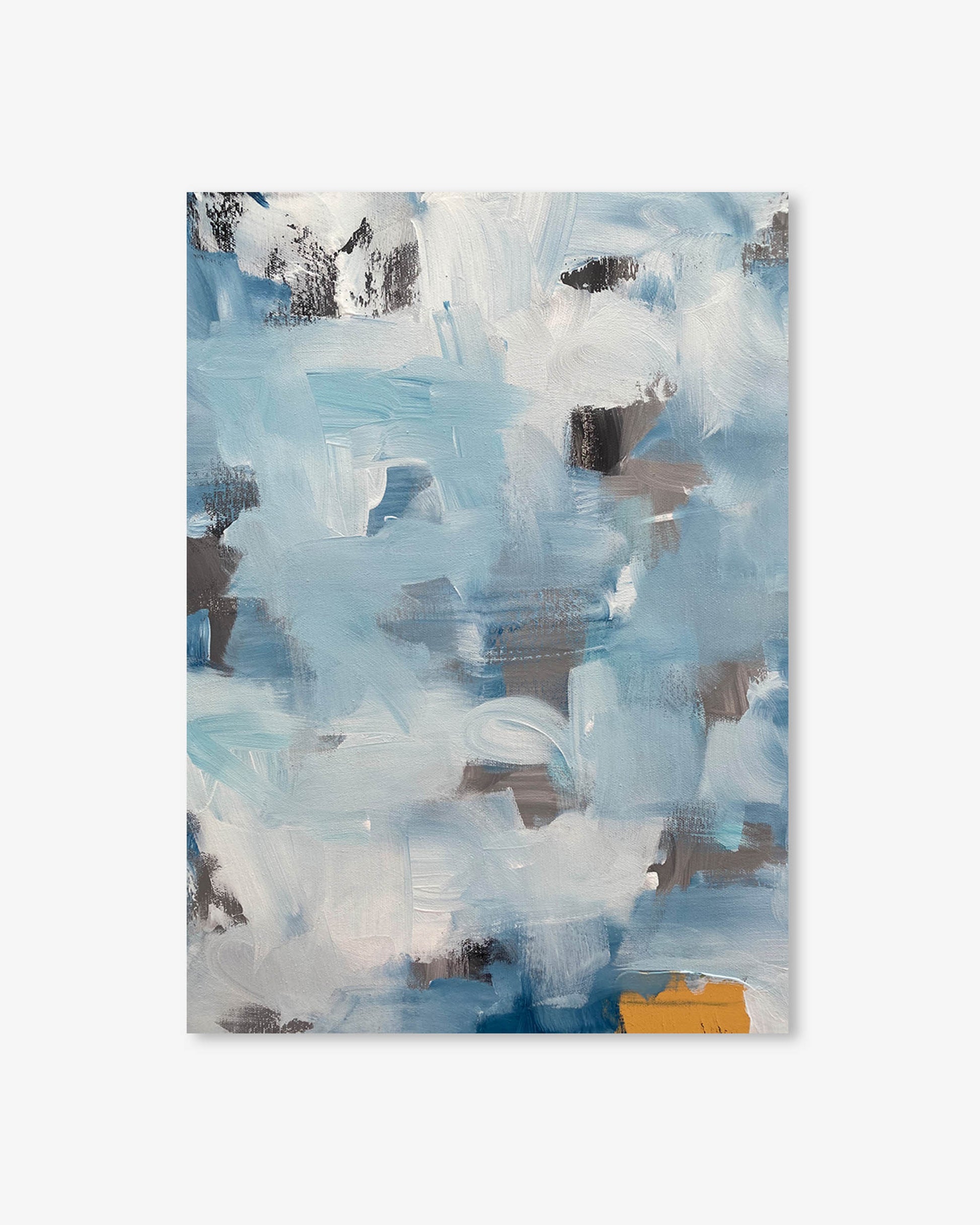 Abstract art print with blue, white, and brown colors on a white background