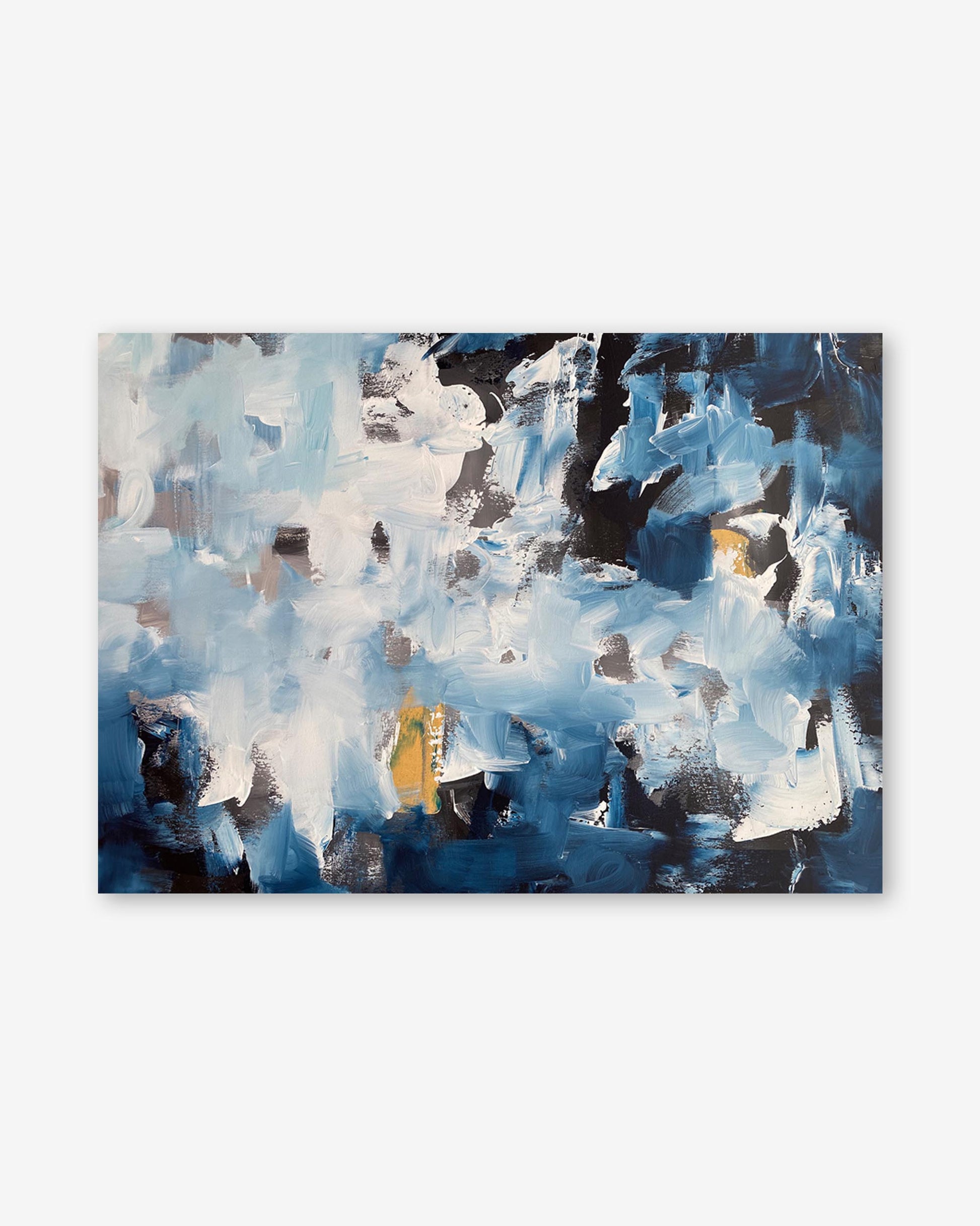 Abstract painting with blue, white, and black colors on a white background