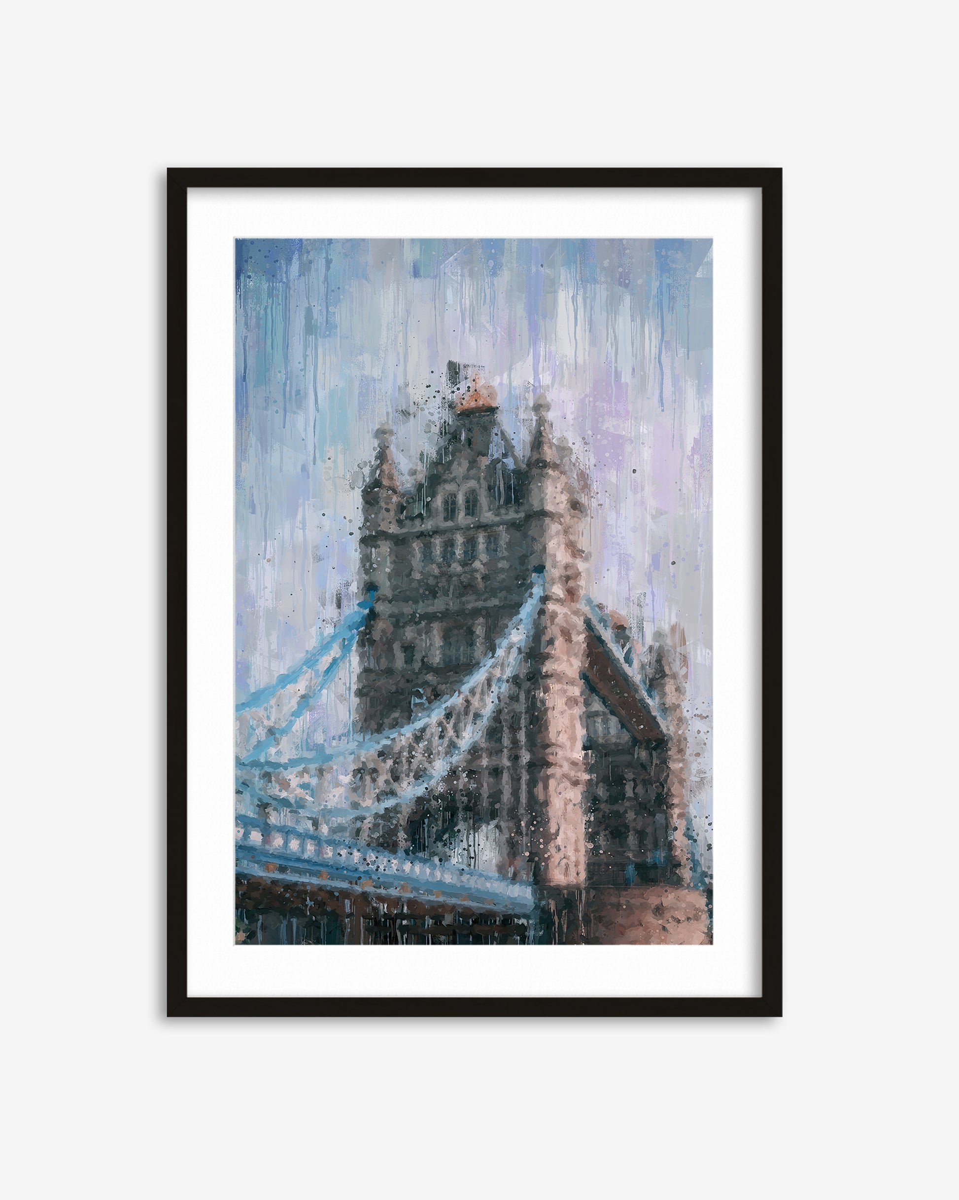 Framed artwork of a bridge with a dark frame on a light gray background