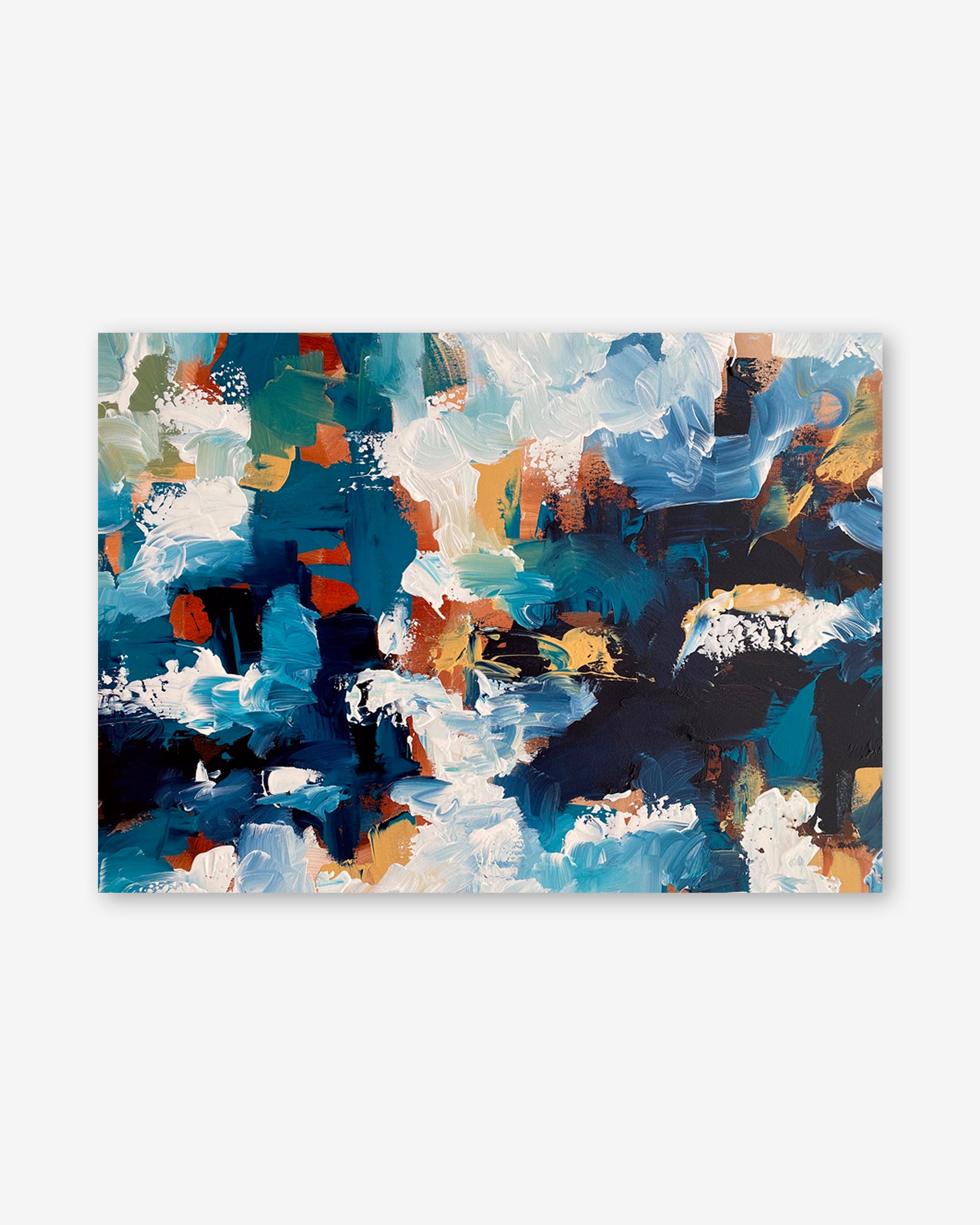 Abstract art print with blue, orange, and white colors on a white background