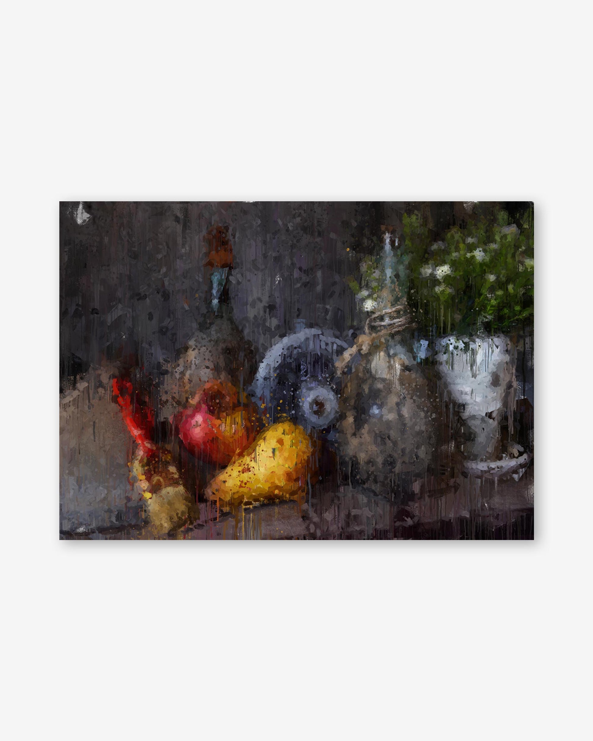 Abstract painting of birds and flowers with a dark background