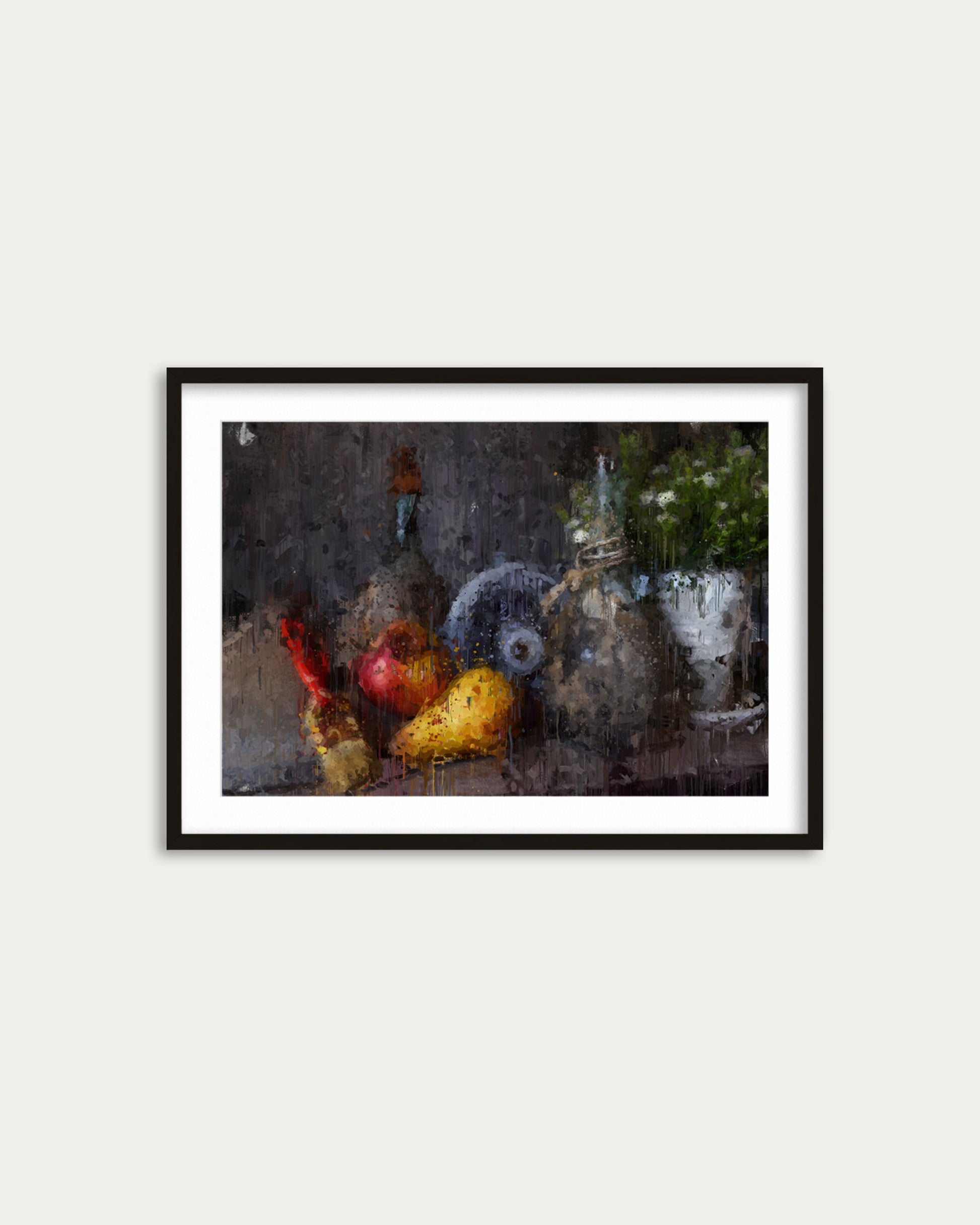 Framed still life painting with bottles and fruit on a white wall