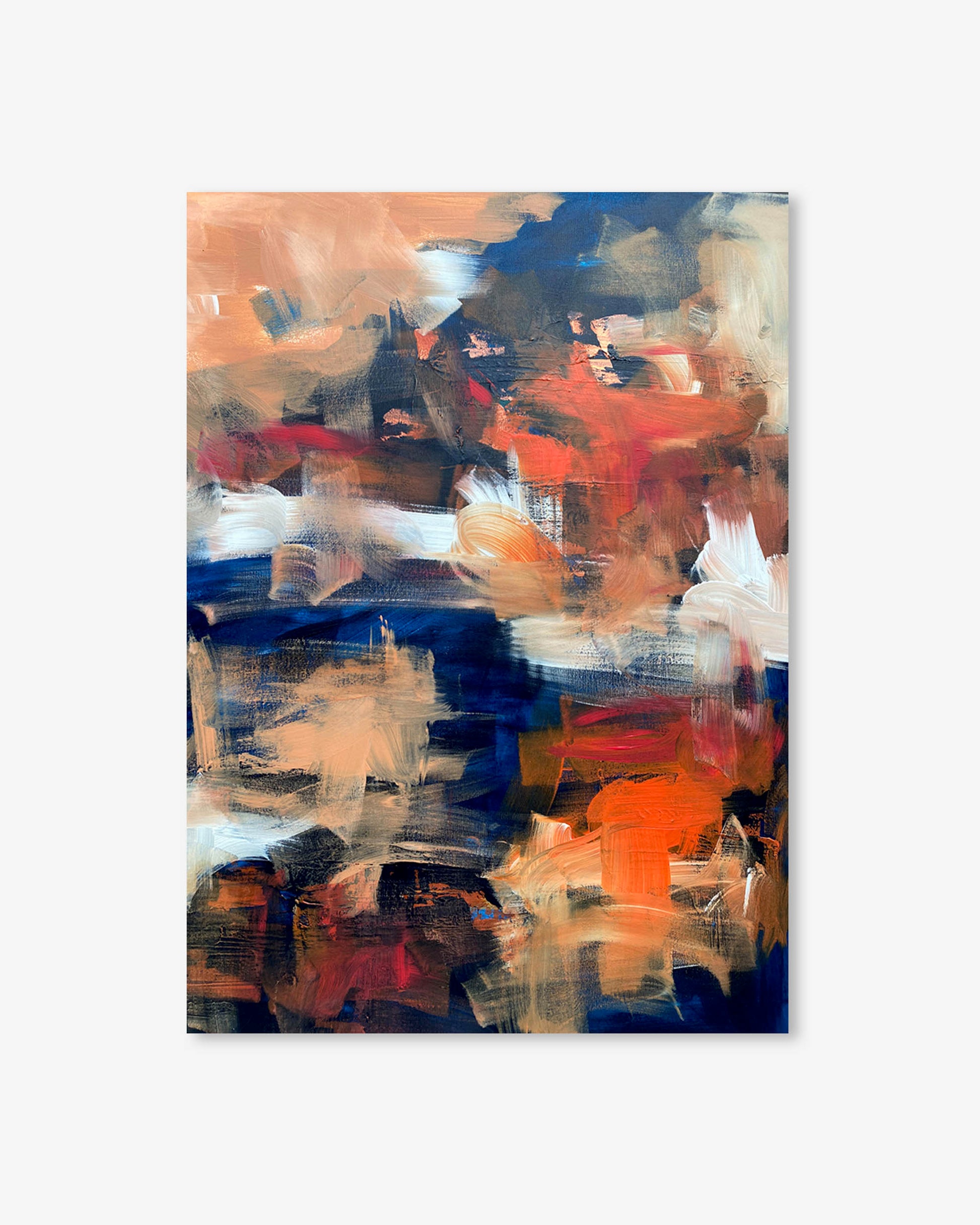 Abstract painting with a mix of orange, blue, and beige colors on a white background