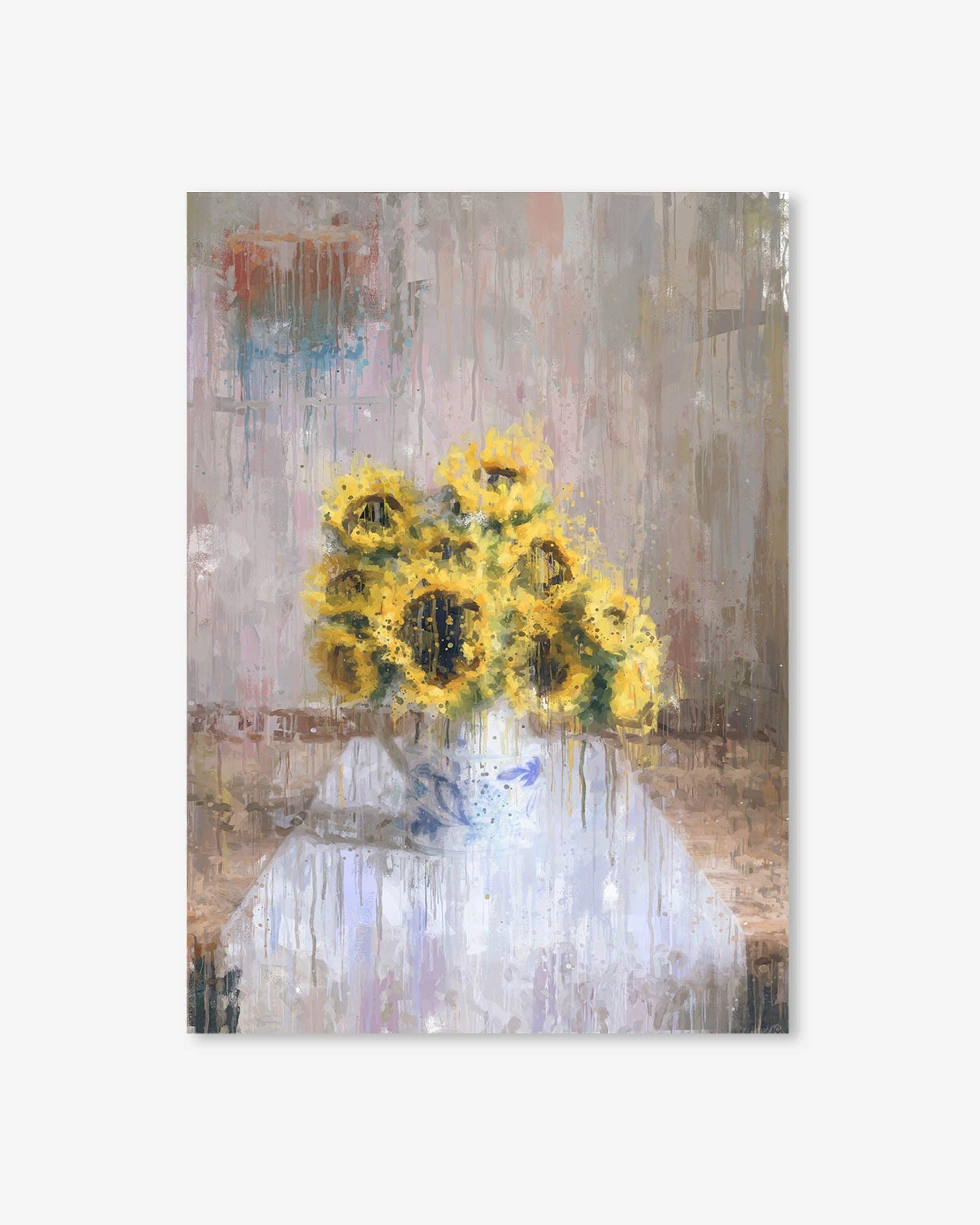 Painting of sunflowers in a vase on a textured background