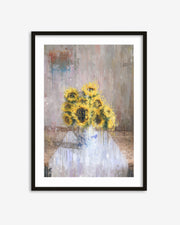 Framed artwork of a vase with sunflowers on a textured background