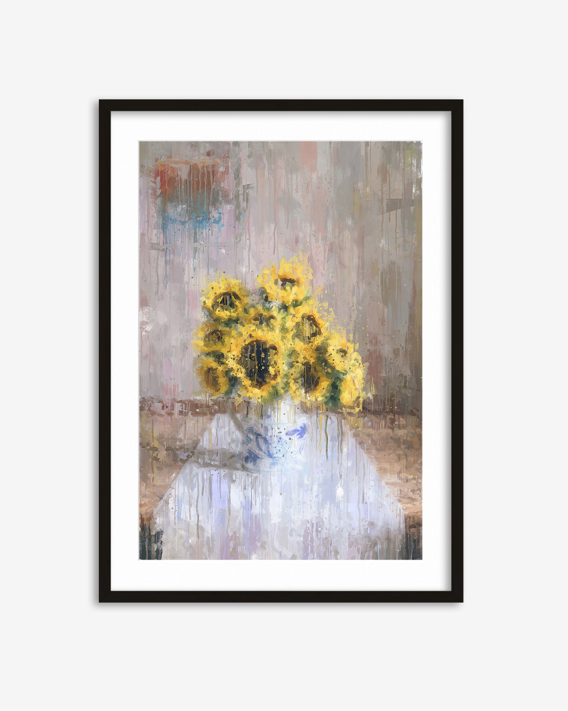 Framed artwork of a vase with sunflowers on a textured background