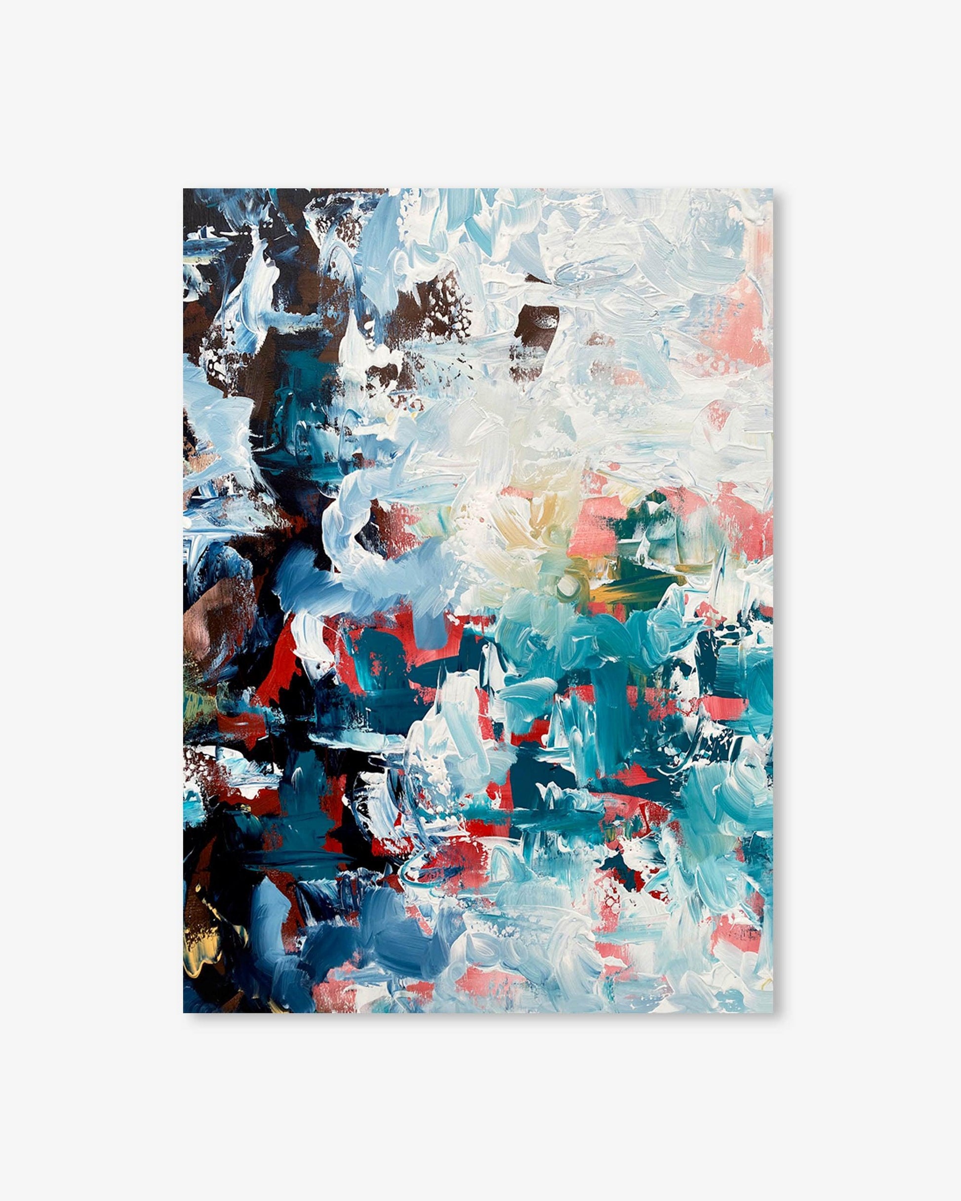 Abstract painting with a mix of blue, red, and white on a light gray background