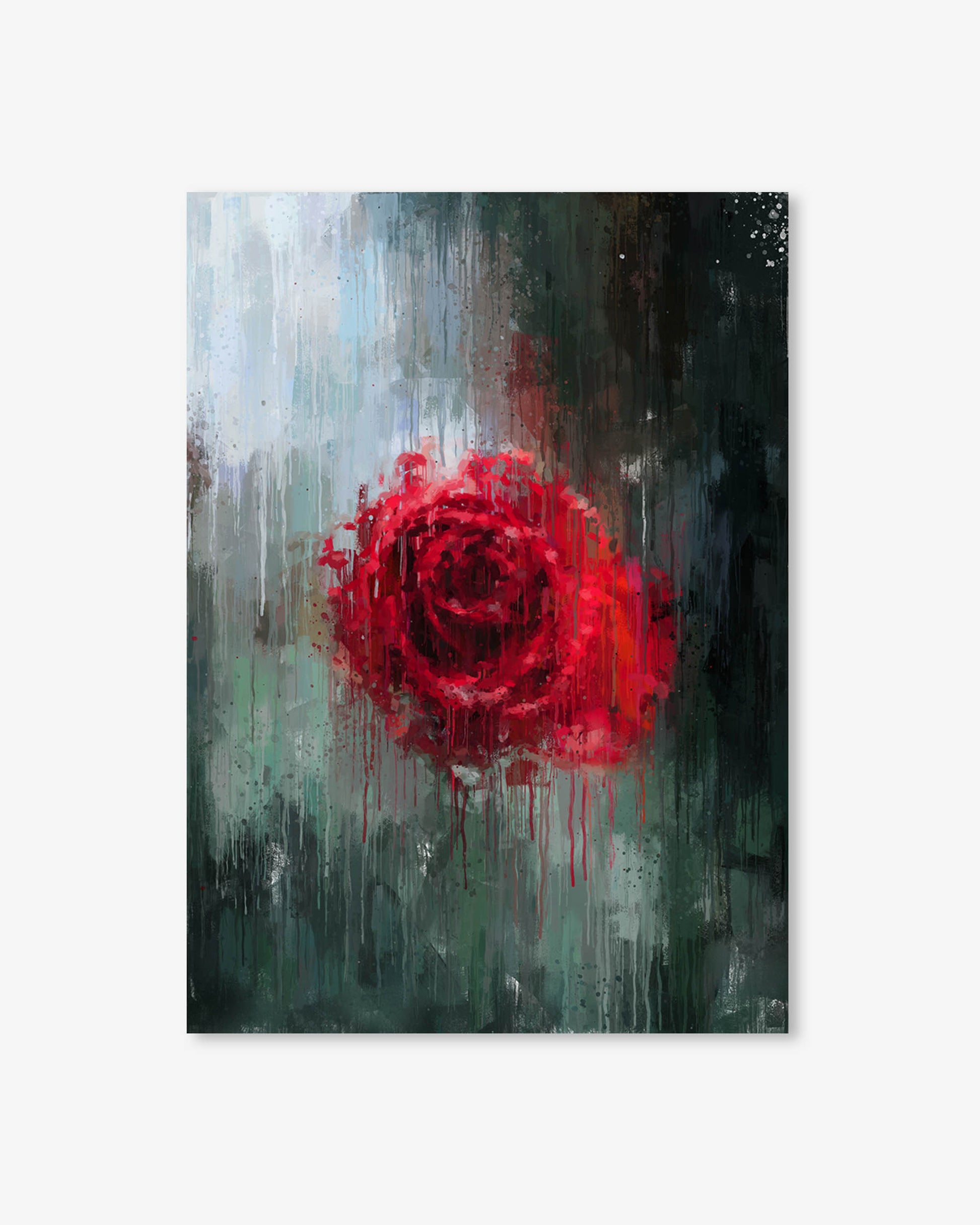 Abstract painting with a red rose-like shape on a dark background