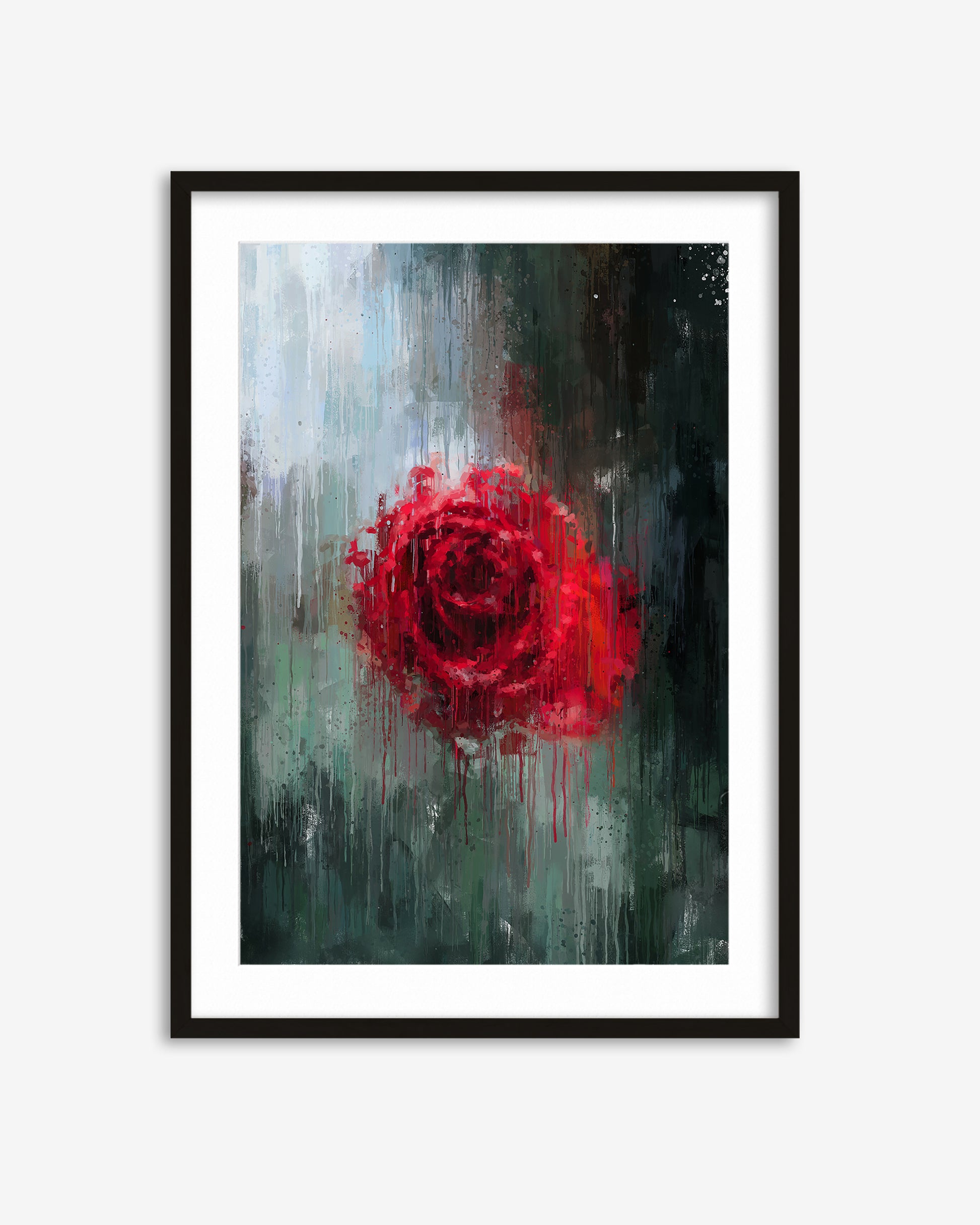 Framed abstract art with a red rose-like shape on a gray background