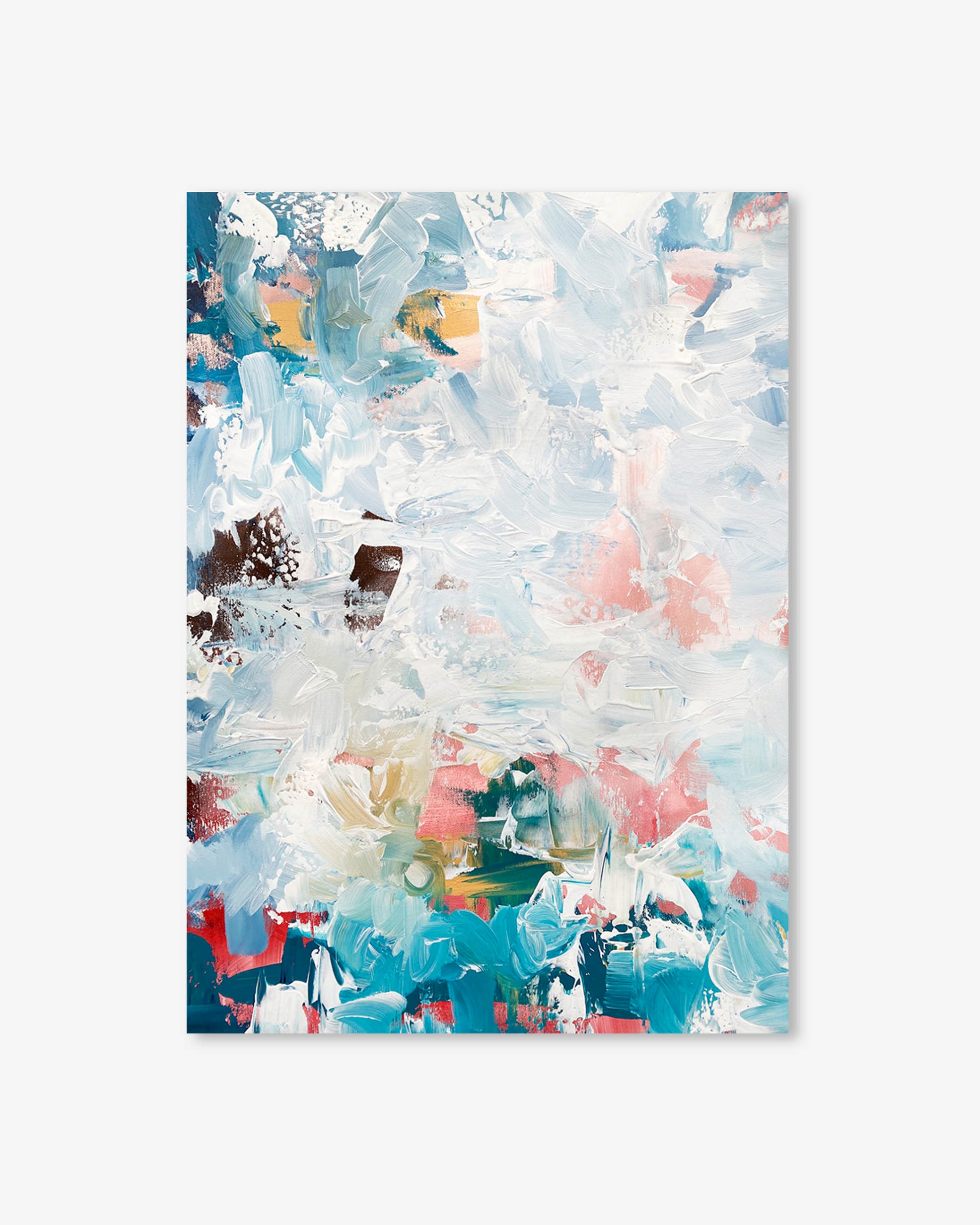 Abstract art print with a mix of blue, pink, and white colors on a white background