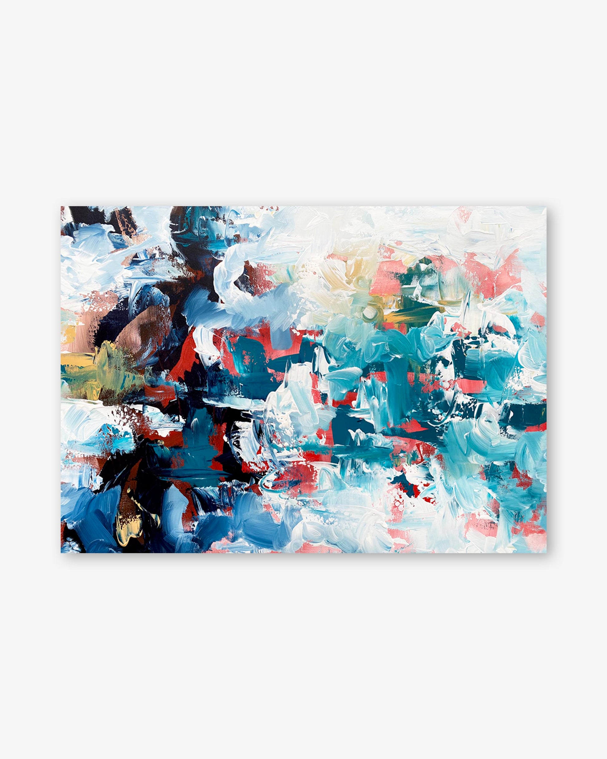 Abstract painting with a mix of blue, red, and white on a white background