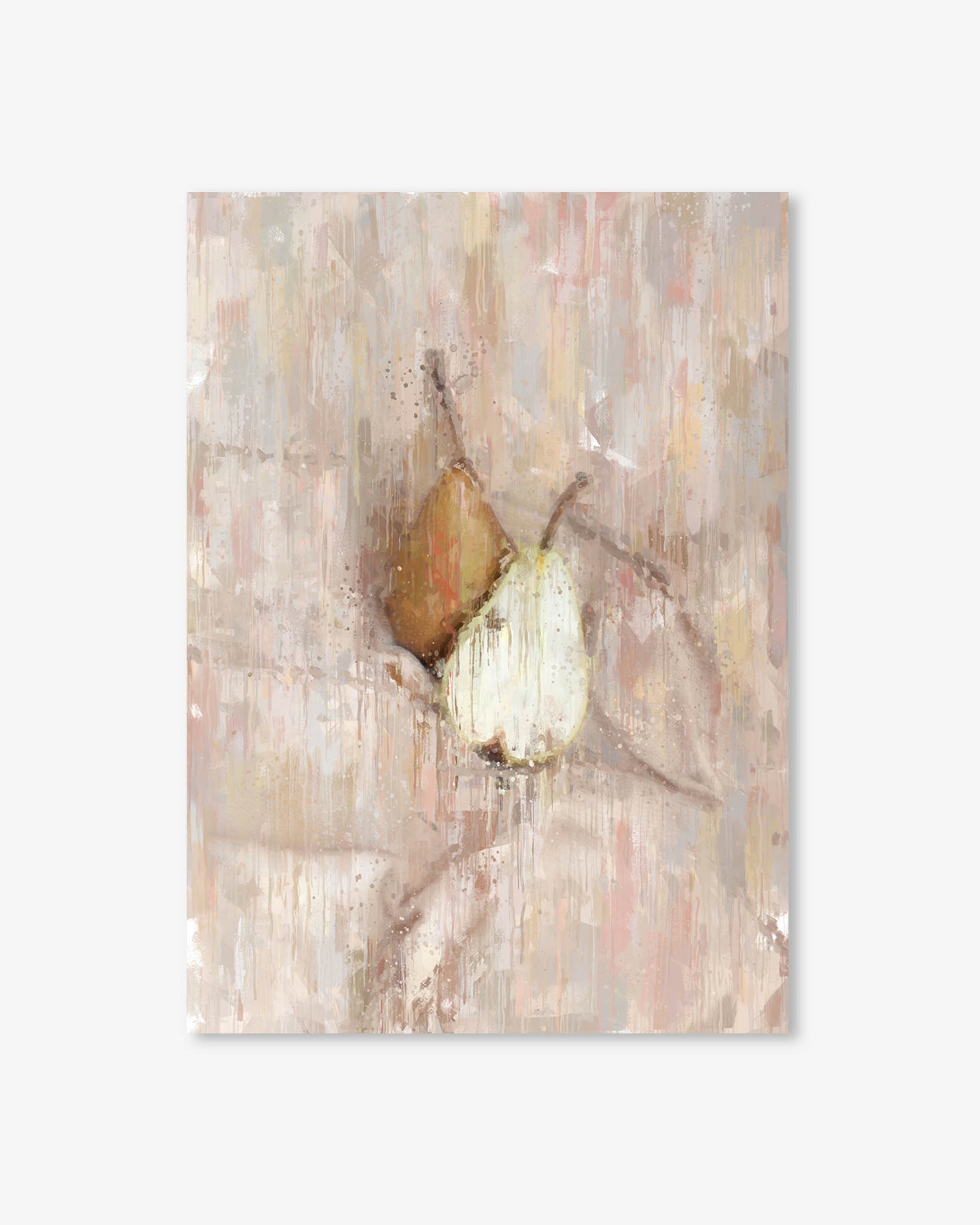 Decorative wall art with a pear and light bulb on a textured background