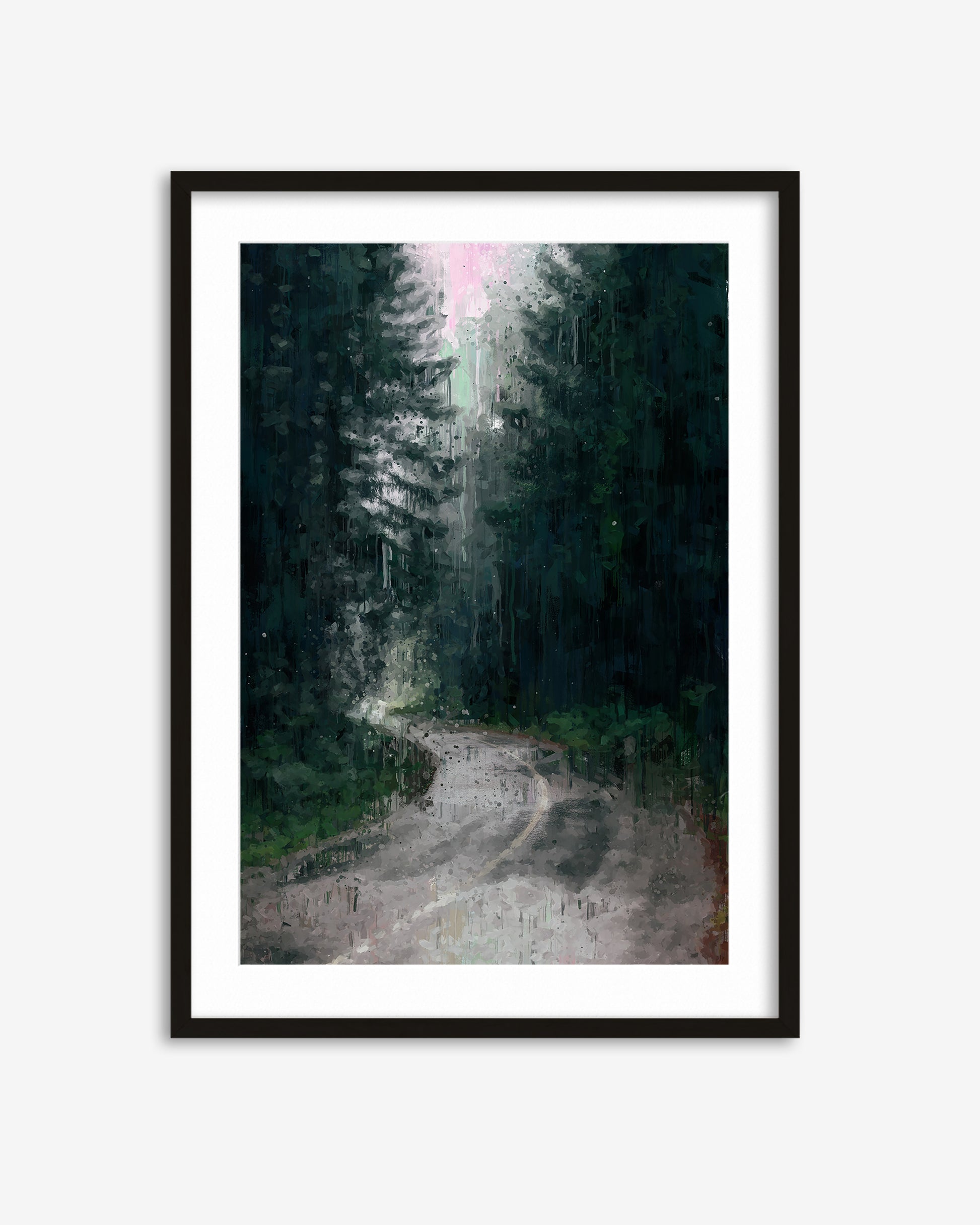 Framed artwork of a forest path with tall trees