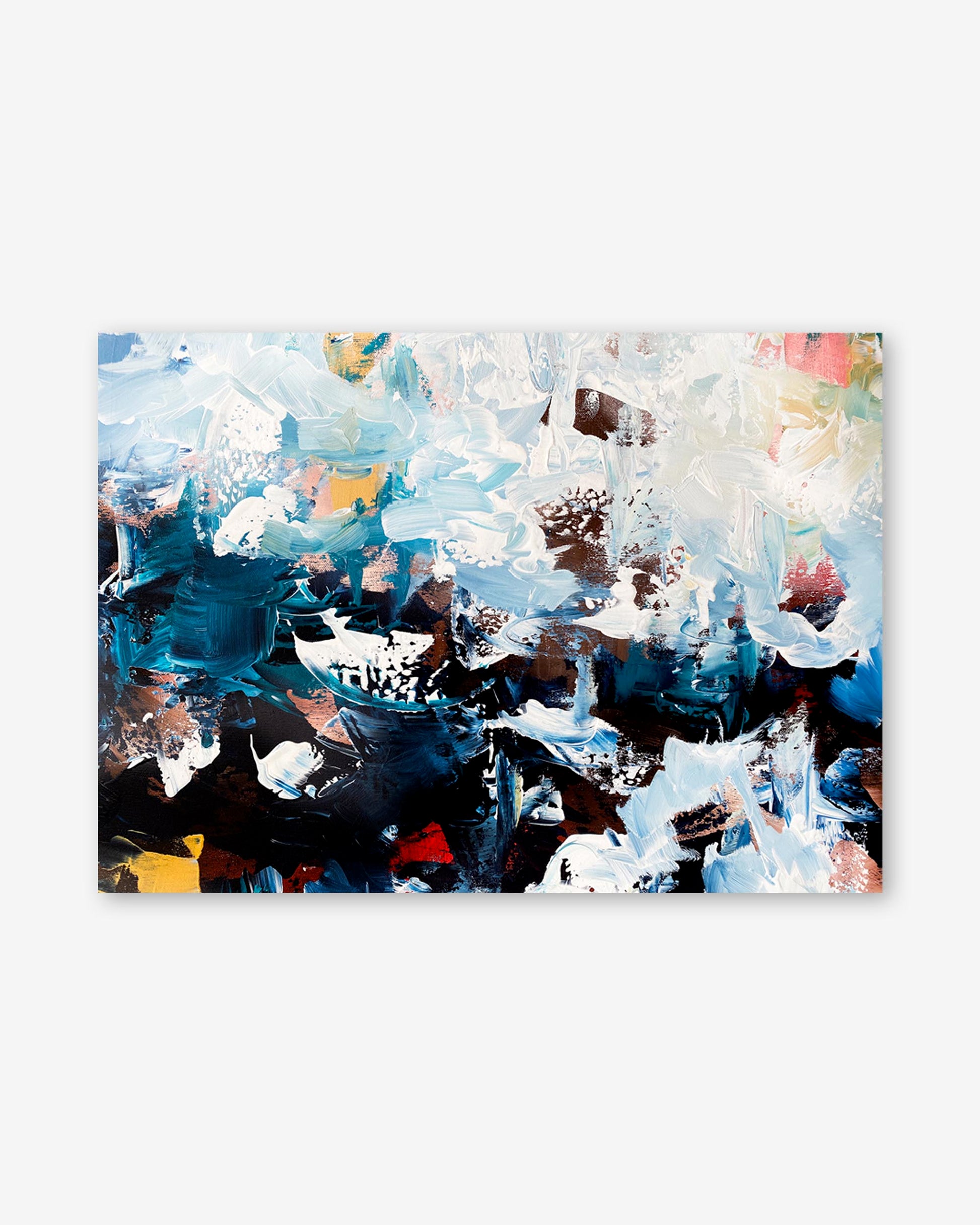 Abstract art print with a mix of blue, black, and white colors on a white background