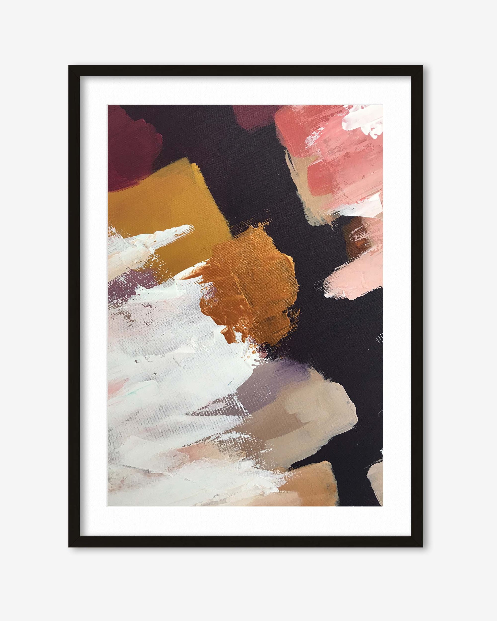 Framed abstract art print with colorful brush strokes on a white background