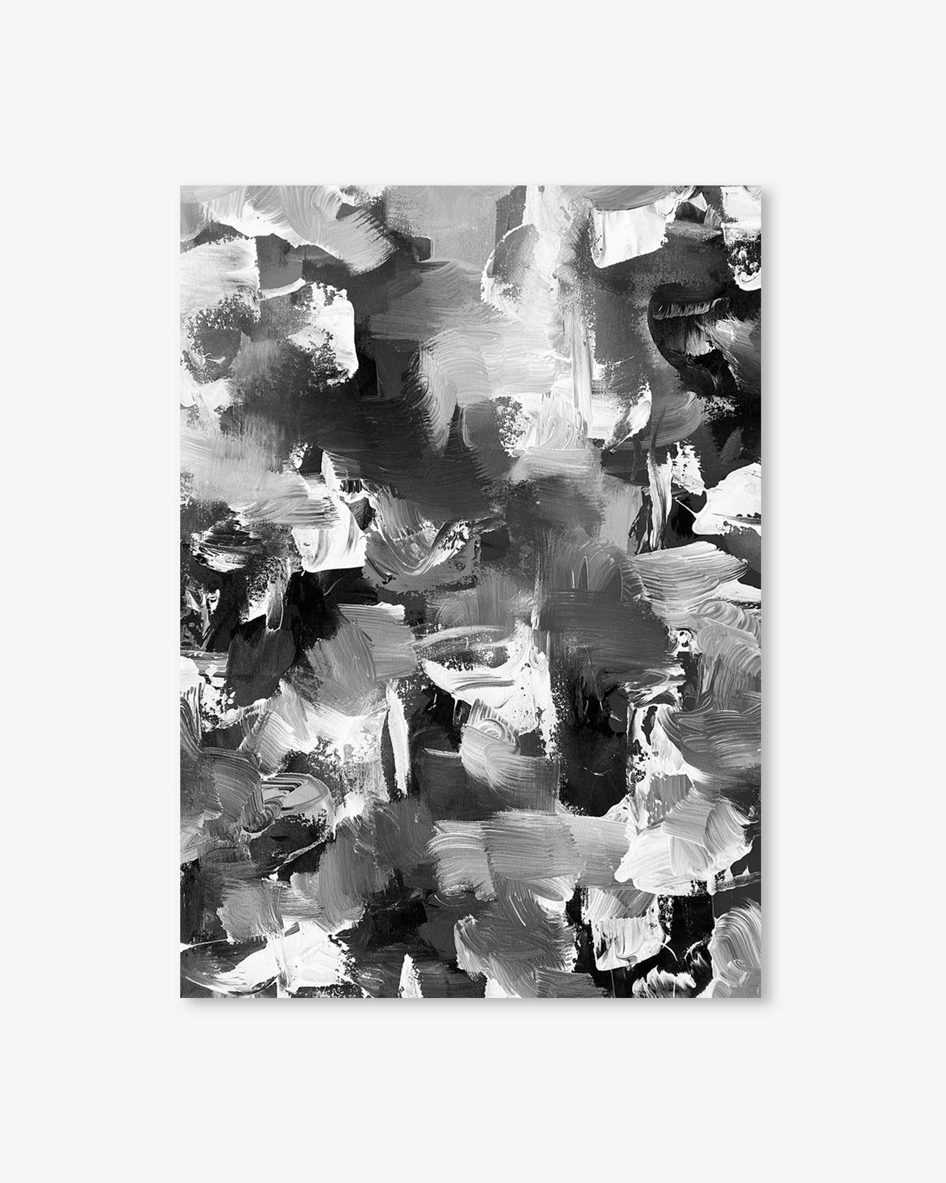 Abstract art print with black, white, and gray brush strokes on a white background