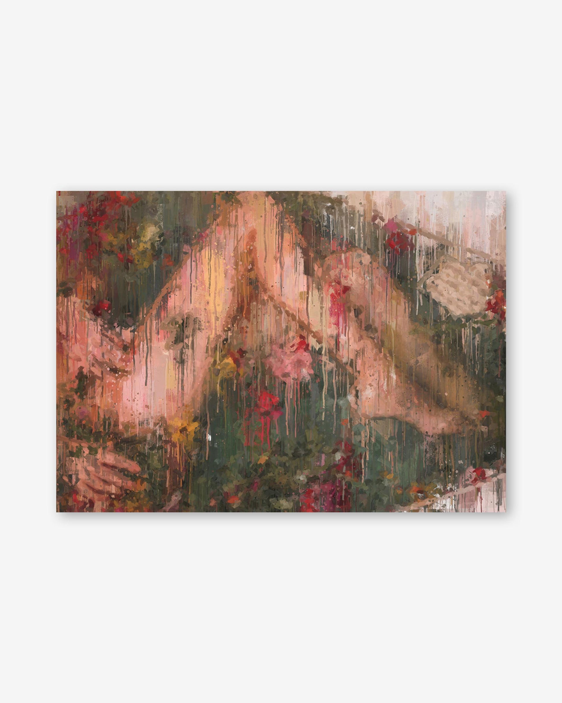 Abstract painting with a mix of red, green, and beige colors on a white background