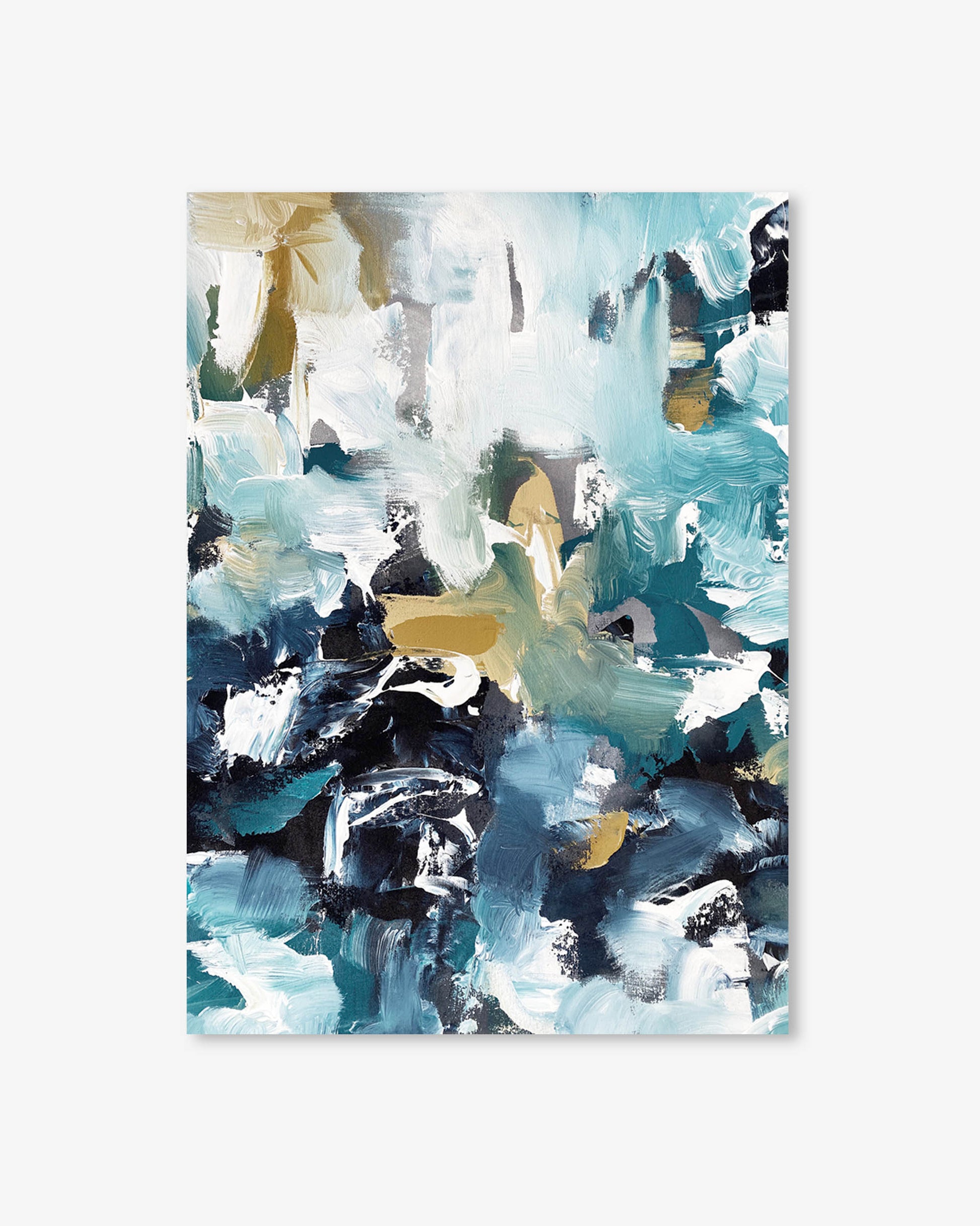 Abstract art print with blue, white, and gold colors on a white background