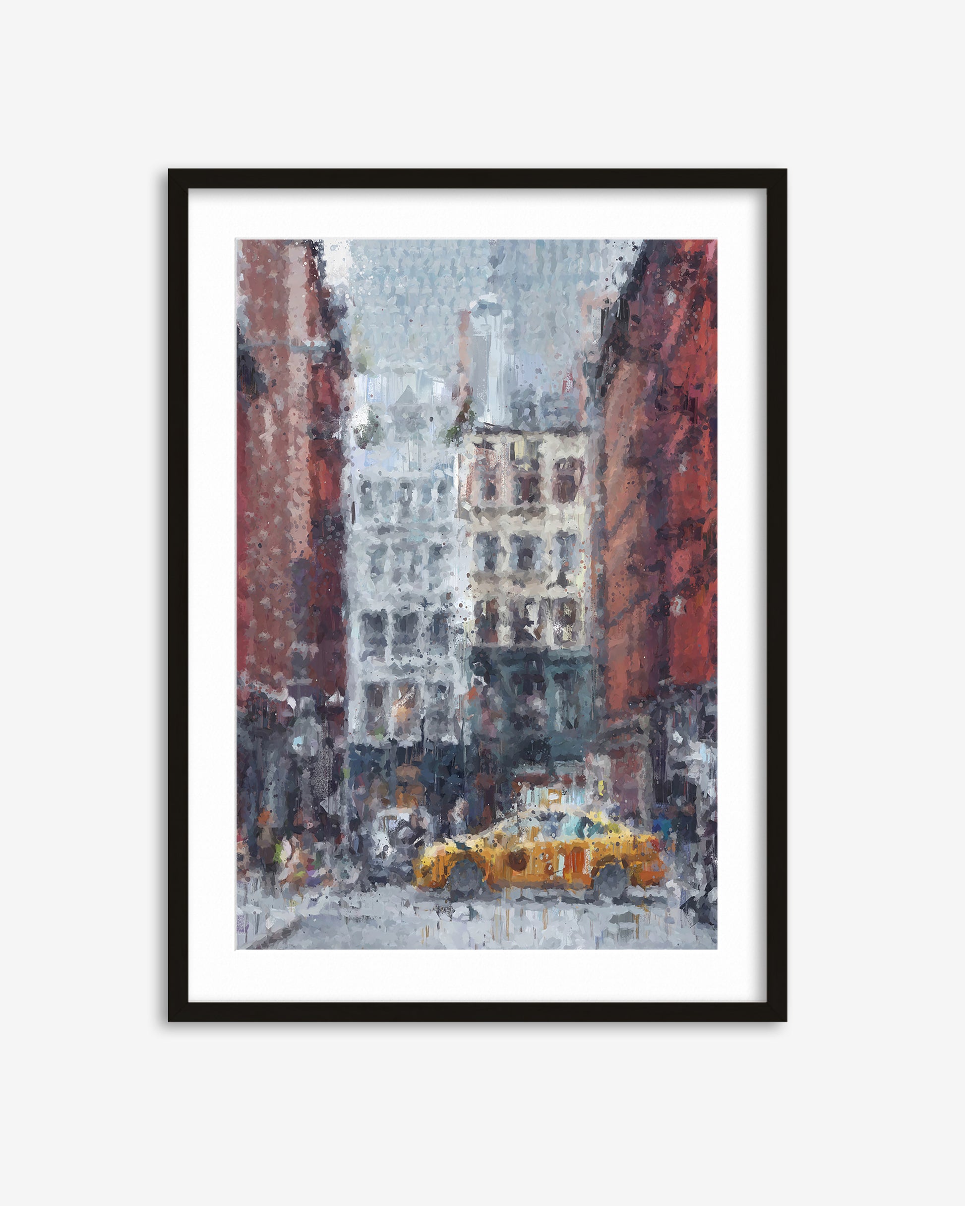 Framed painting of a city street with a yellow taxi, buildings, and snow.