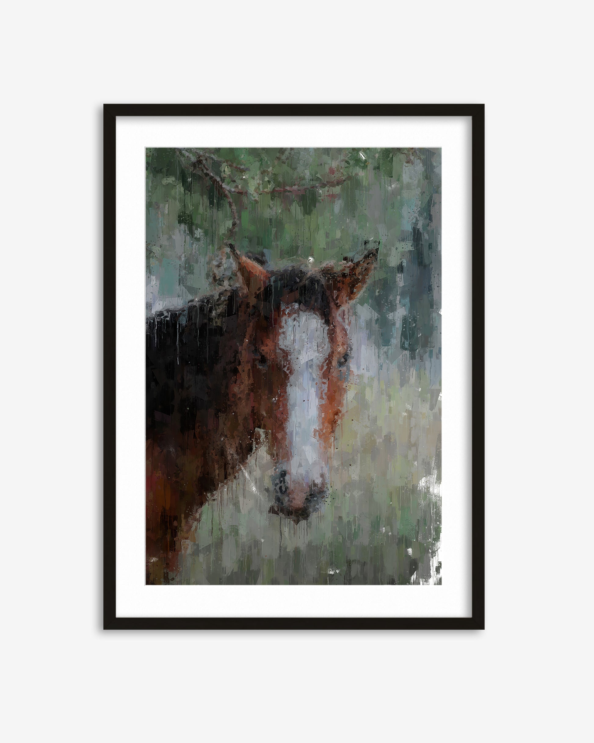 Framed artwork of a horse's head with a white blaze on a light gray background