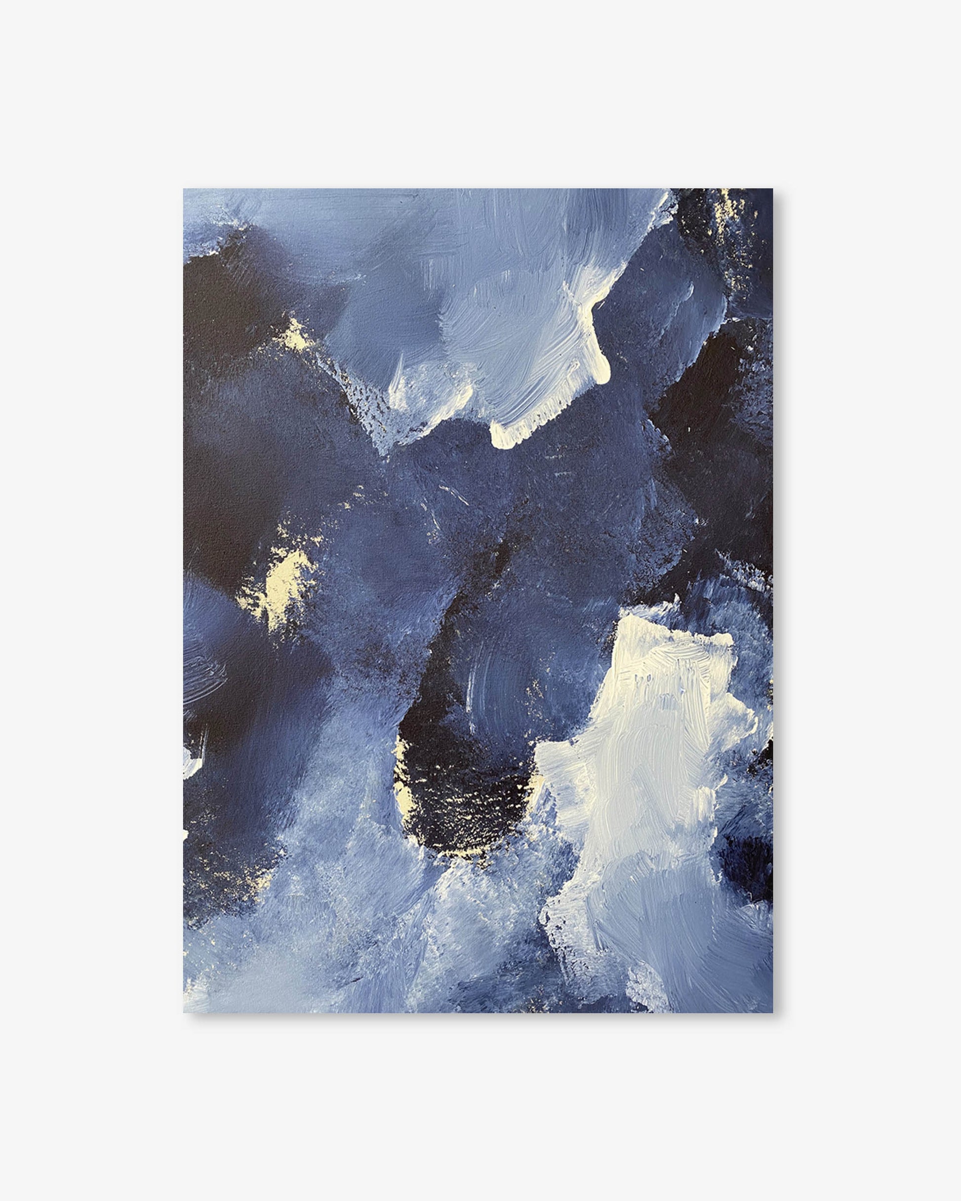 Abstract art print with blue, black, and white colors on a light gray background