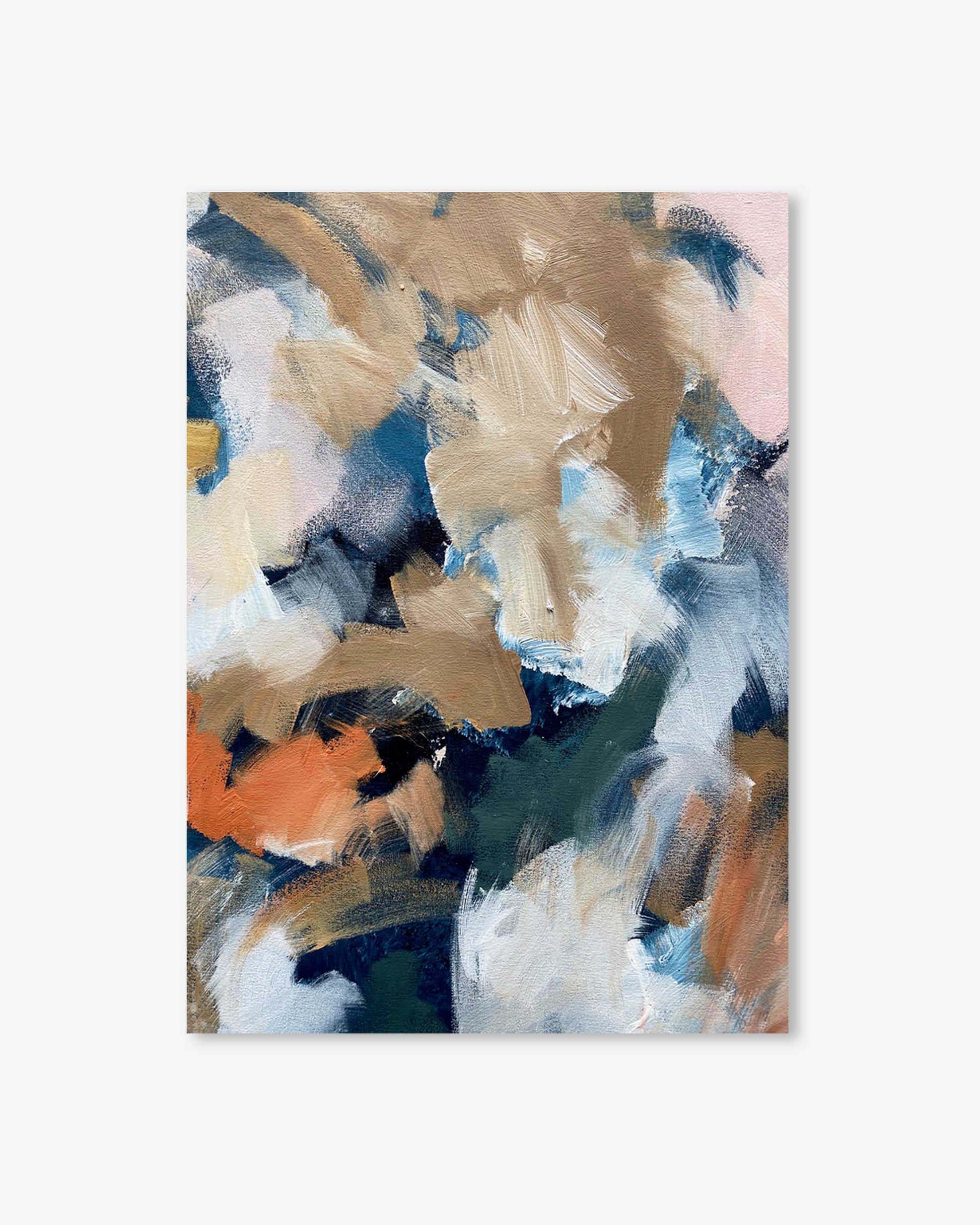 Abstract art print with brown, blue, and orange brush strokes on a white background