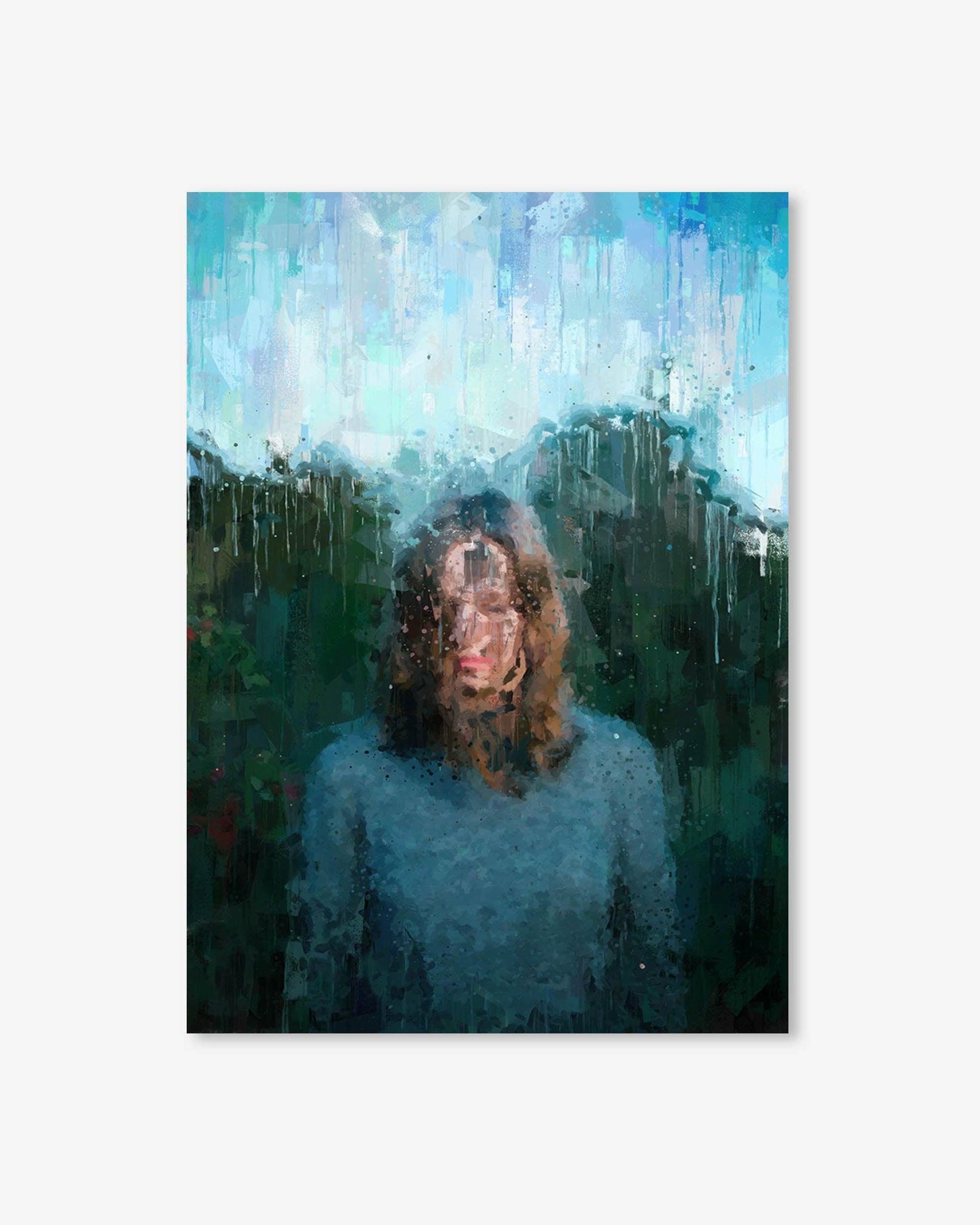 Abstract art with a person in the center, surrounded by blurred greenery and blue tones.
