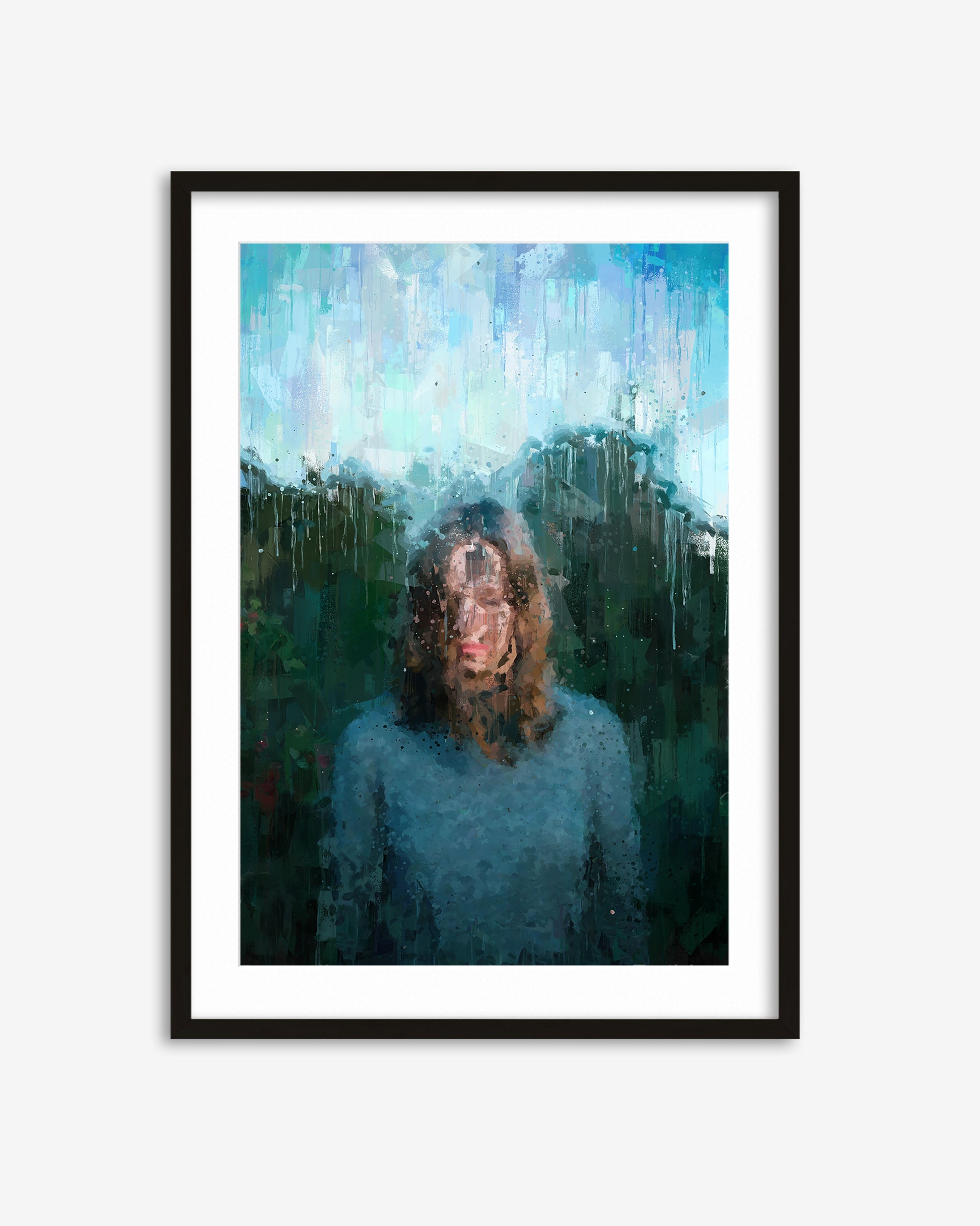 Framed artwork of a person with a blurred background