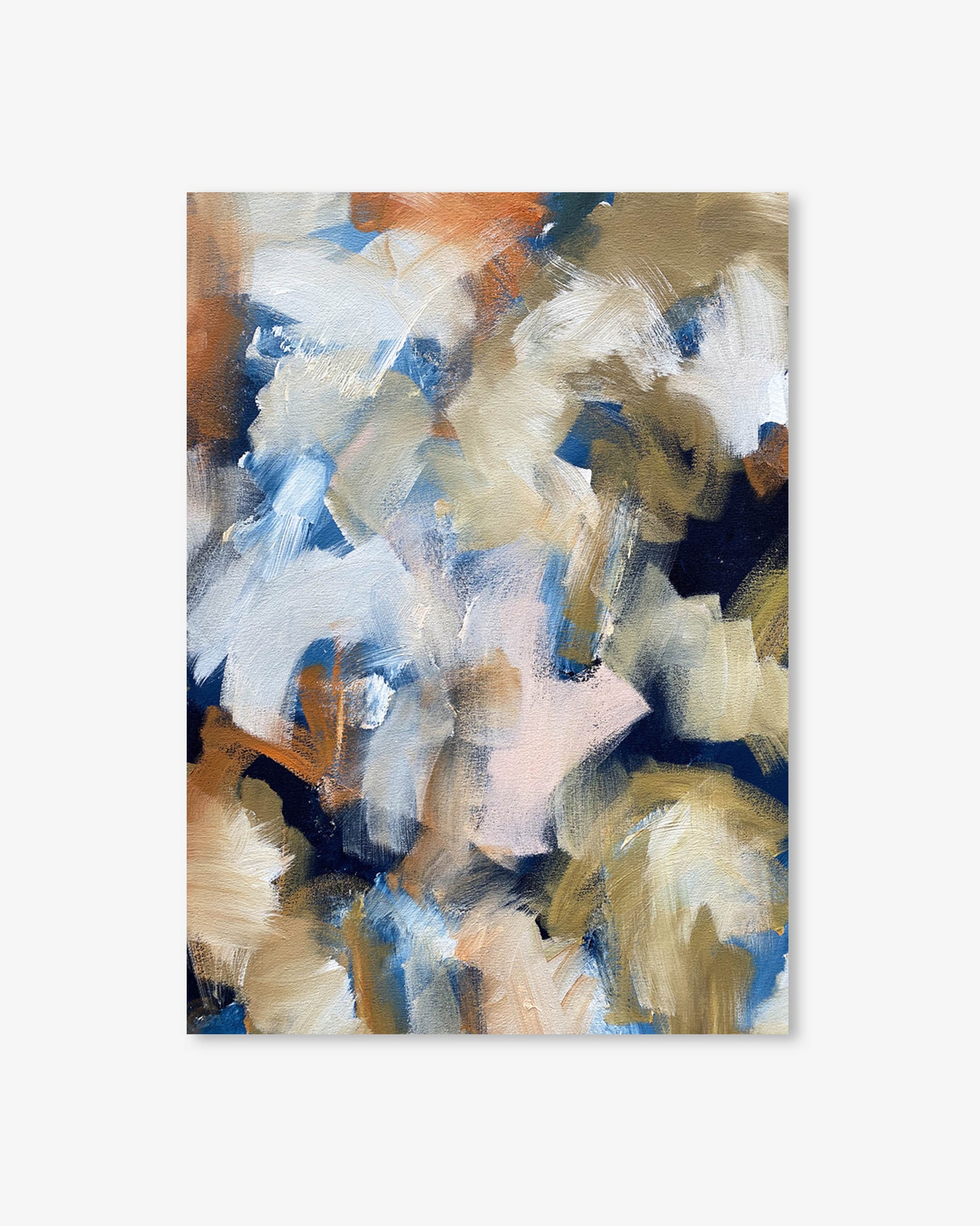Abstract painting with a mix of brown, blue, and beige colors on a white background
