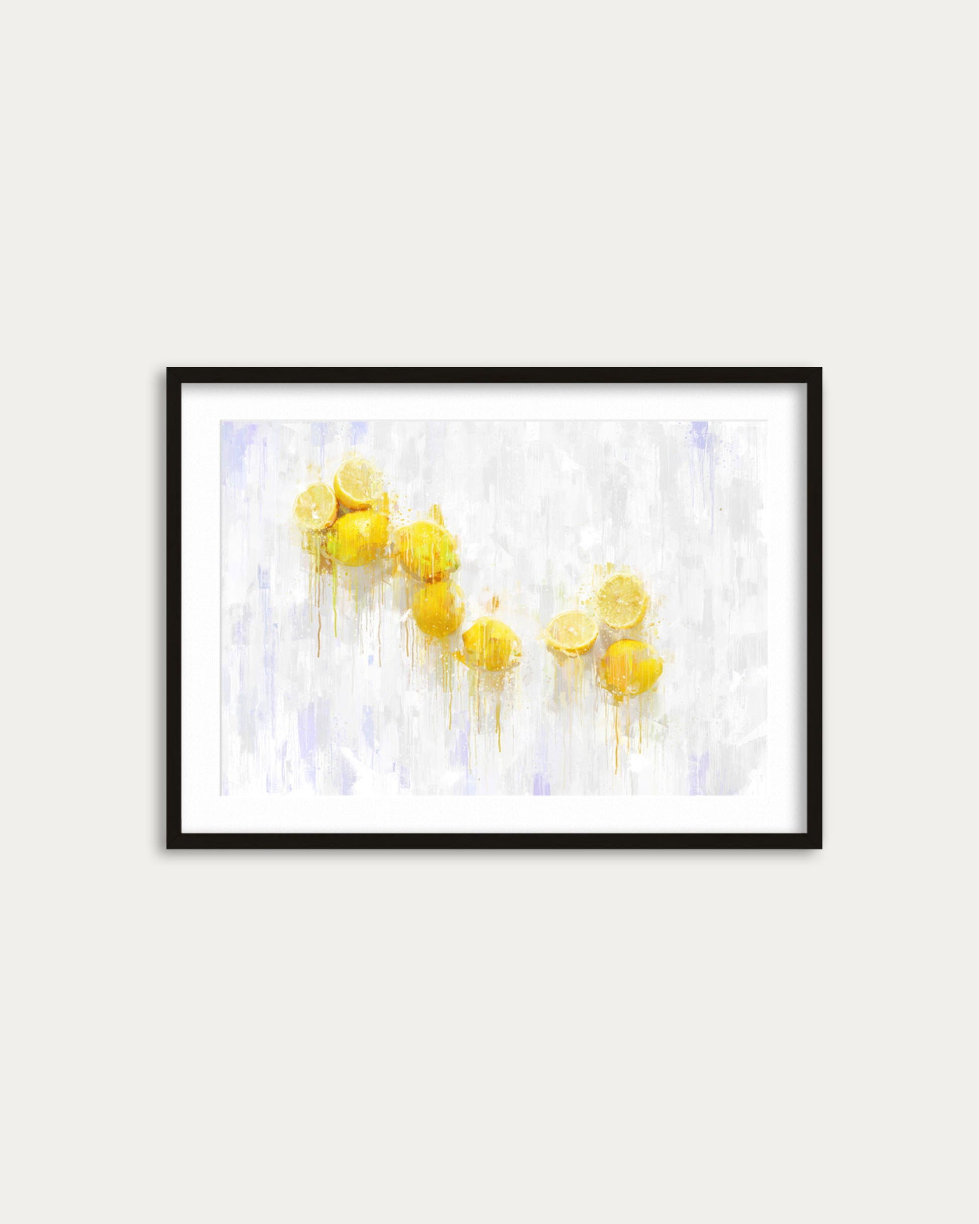Framed artwork of yellow abstract shapes on a white background