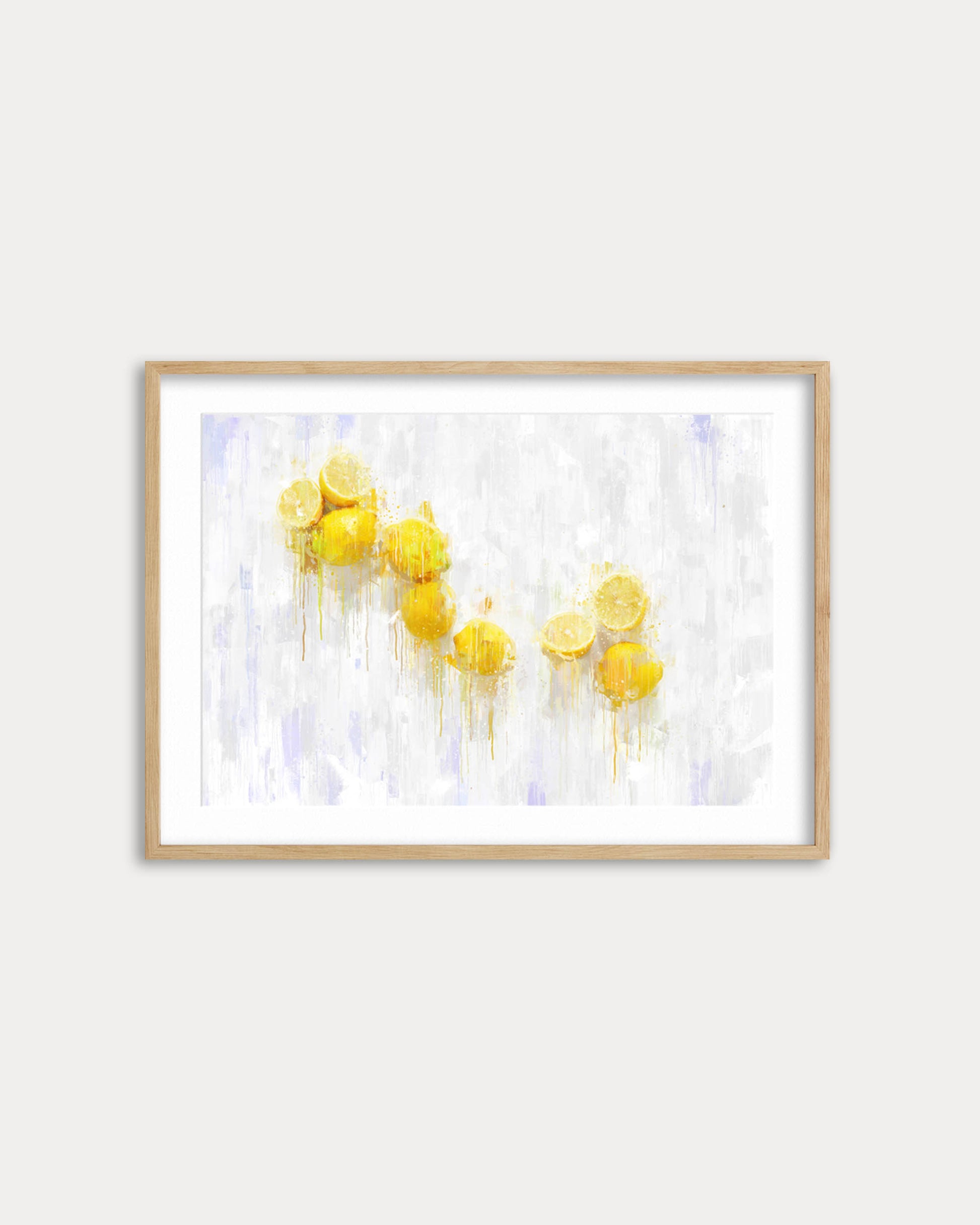 Framed artwork with yellow abstract design on a white wall