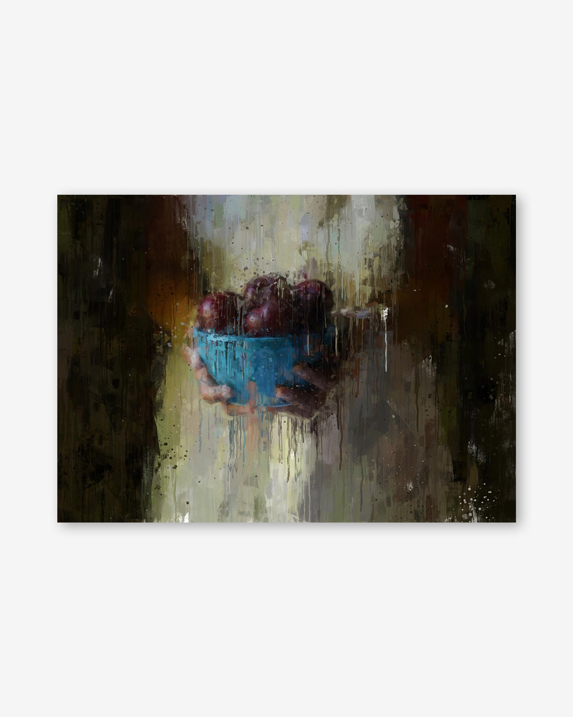 Artistic depiction of a hand holding a blue bowl with red berries against a textured background